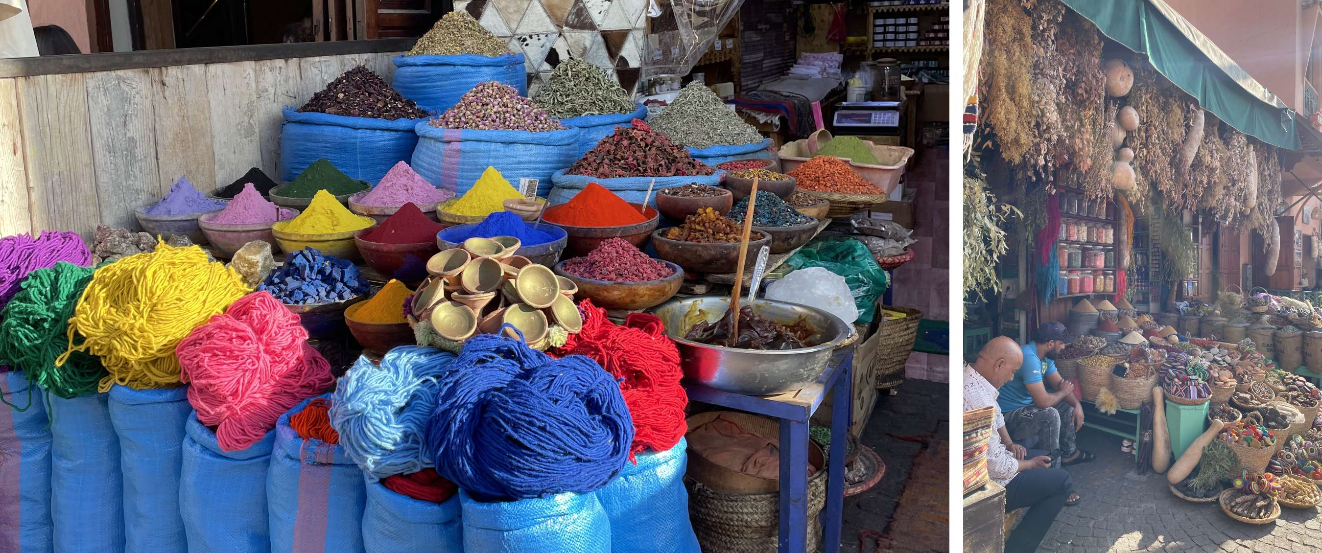 Two images: sacks of colourful spices and wool; shop with dried herbs and filled baskets.