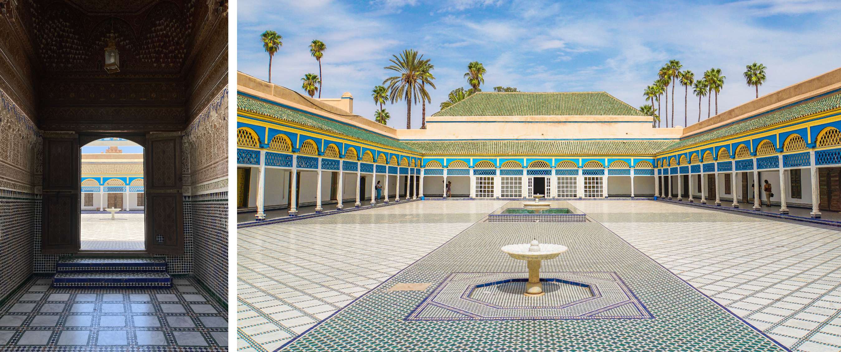 Two images: passage with mosaic tiles and carved wood; courtyard with a fountain and green roof tiles.