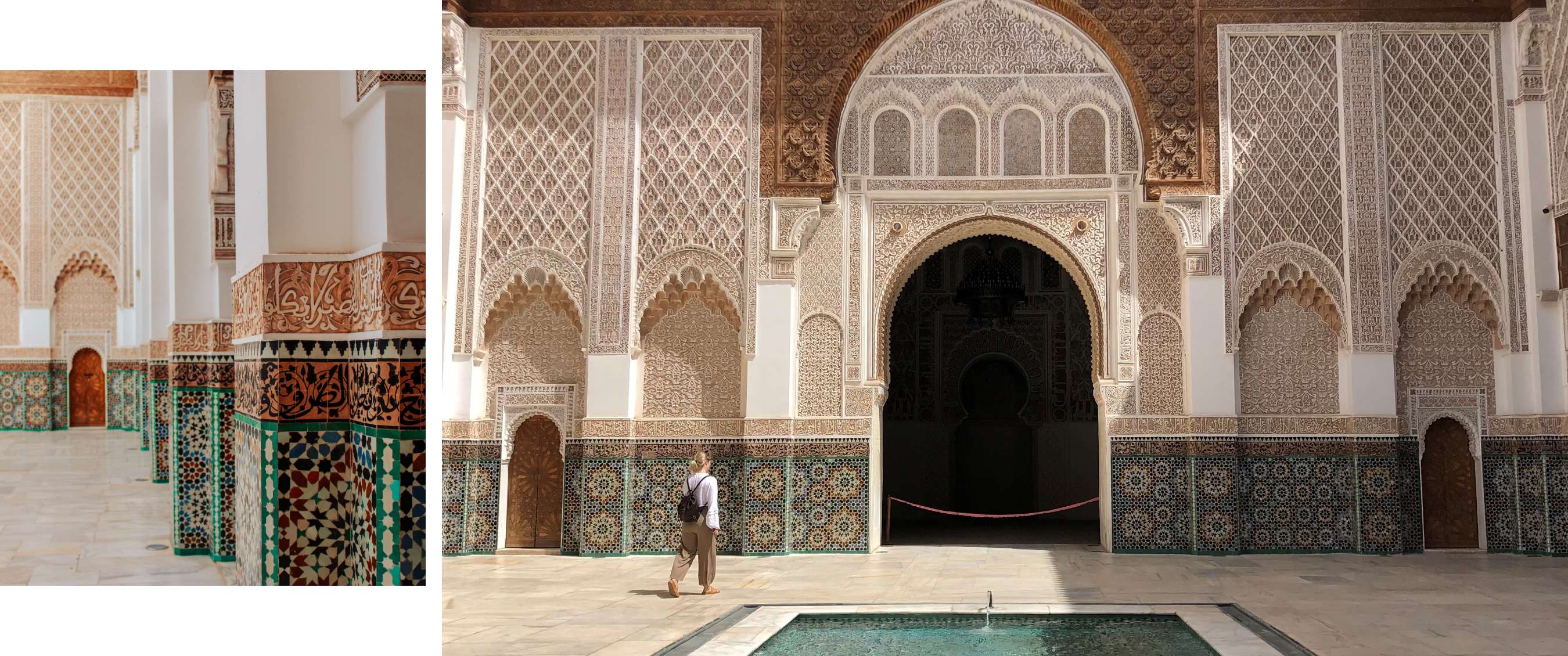 Two images: columns with colourful mosaics; ornate arch and water basin in a historic courtyard.
