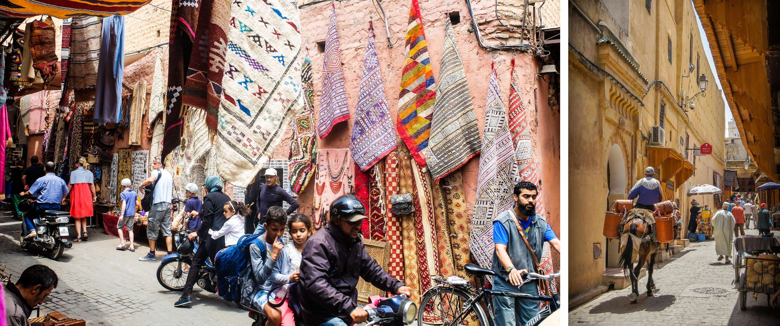 Two images: colourful rugs above a busy souk; people and a donkey moving through a narrow street.