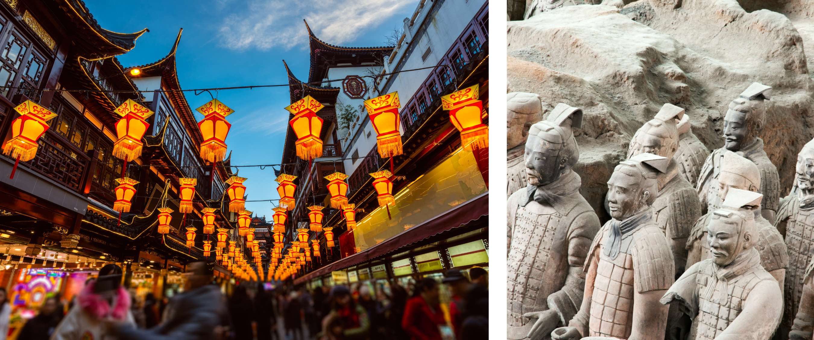 Deux images : Vue nocturne d’une rue commerçante chinoise éclairée par des lanternes rouges ; soldats en terre cuite alignés dans un site excavé.