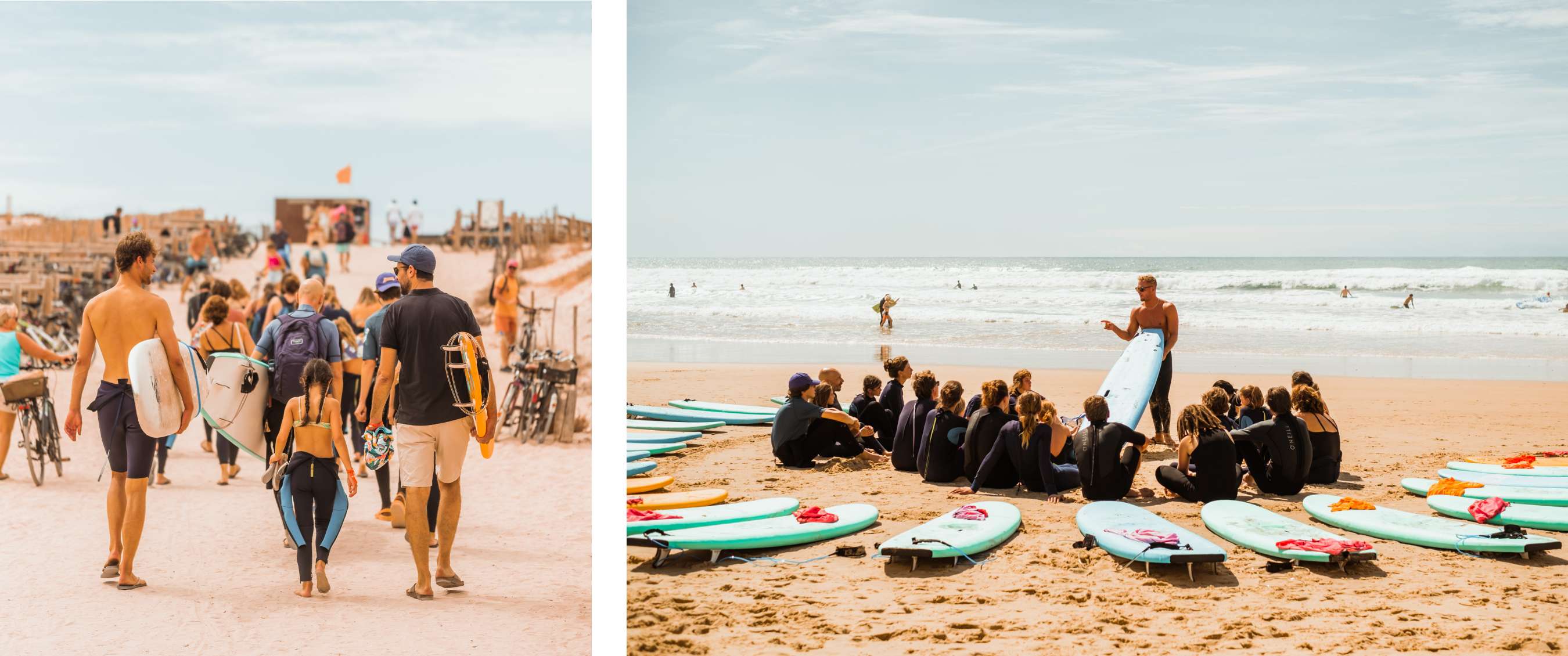 Twee beelden: groep surfers wandelt met surfplanken over zandpad; surfleraar geeft uitleg aan groep surfers op strand