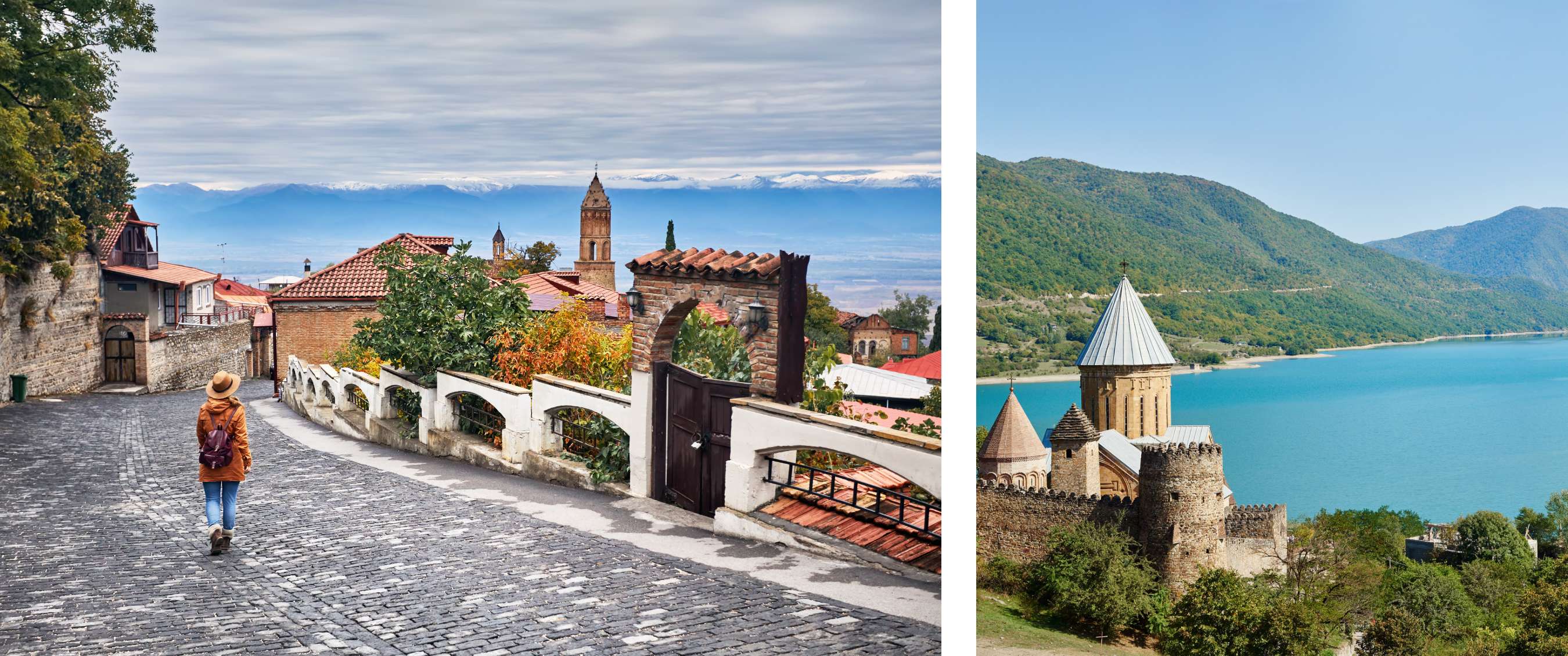 Twee beelden: reiziger loopt door charmant stadje met rode daken; middeleeuws kloostercomplex aan helderblauw meer