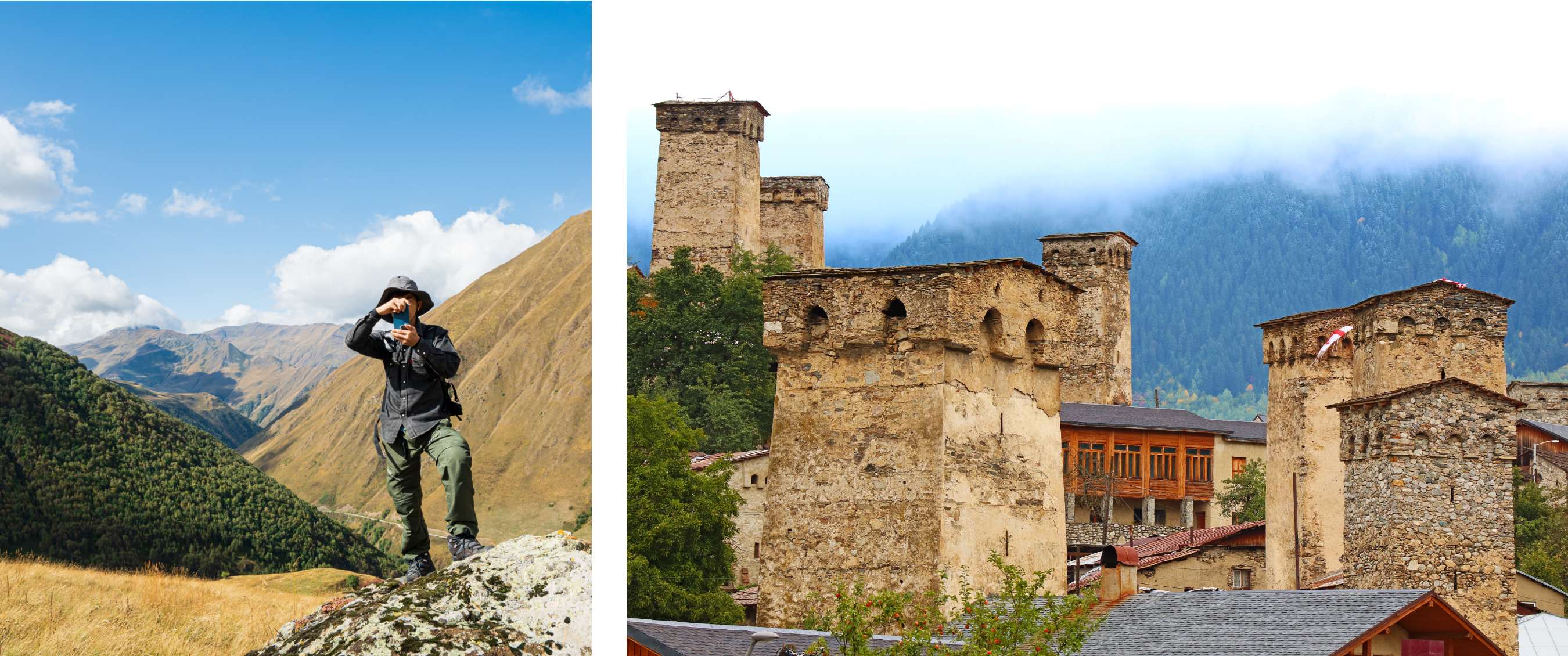 Twee beelden: persoon wandelt op berghelling en maakt foto in berglandschap; historische stenen torens in bergdorp met beboste heuvels