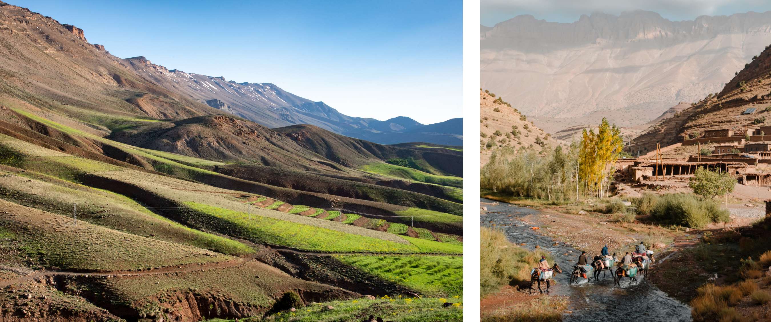 wee beelden: glooiend berglandschap met groene akkers en terrassen; groep reizigers met lastdieren die een ondiepe rivier doorwaadt in bergvallei.