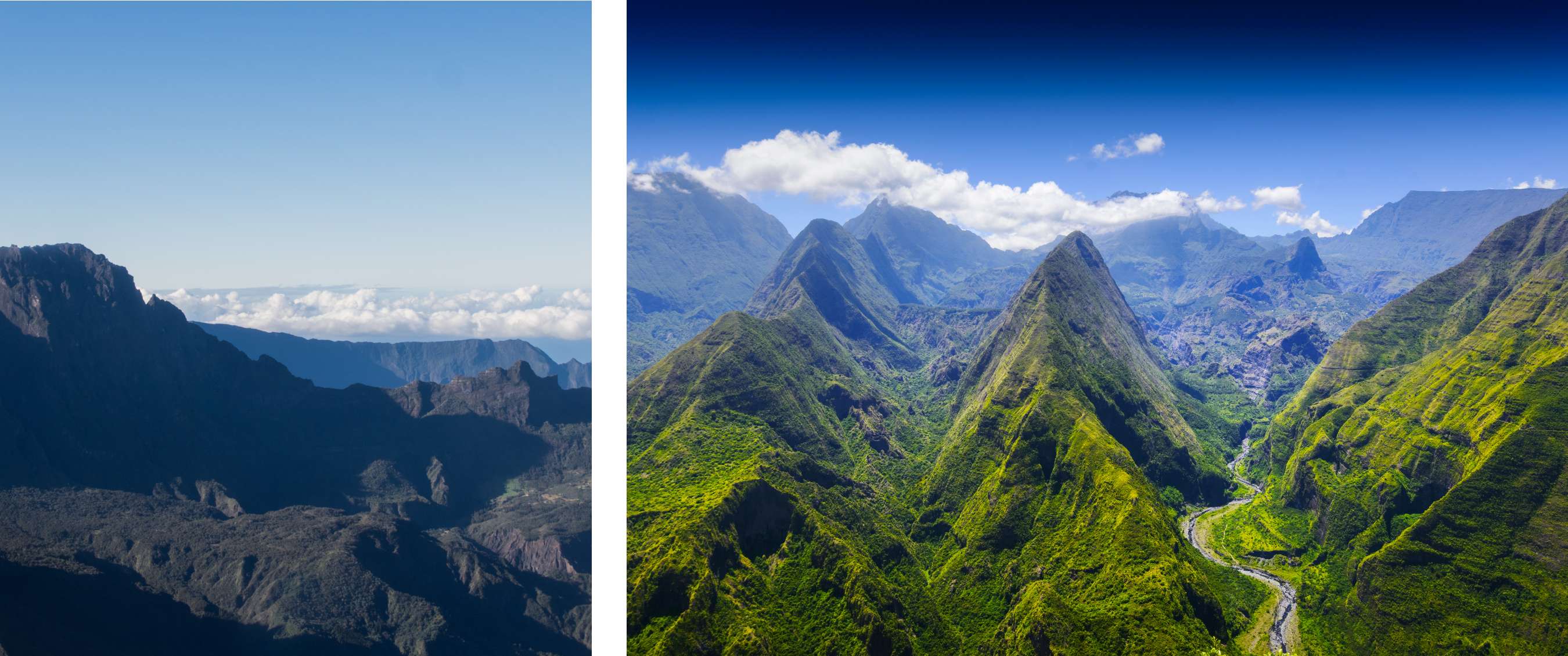 Deux images : Massif montagneux escarpé vu d’en haut sous un ciel dégagé ; montagnes vertes abruptes traversées par une rivière.