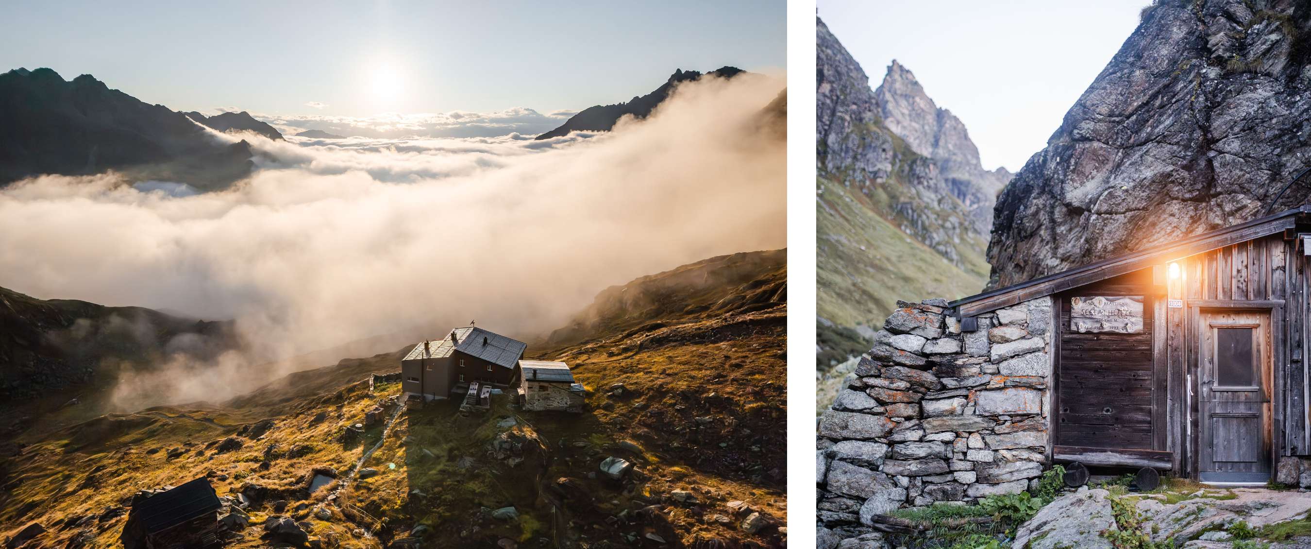 Deux images : refuge de montagne au-dessus des nuages ; cabane en bois entre les rochers.
