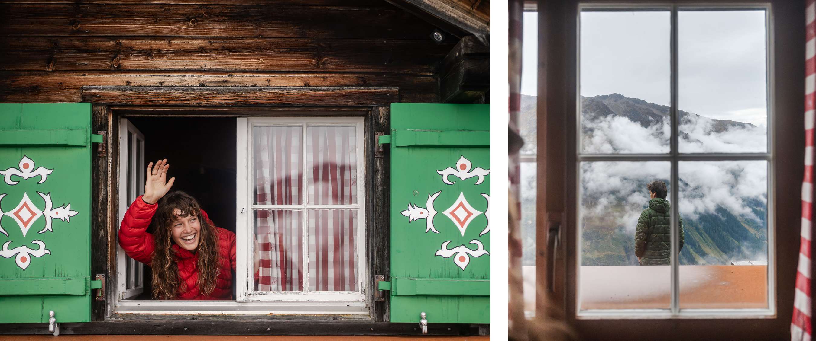 Deux images : personne saluant depuis la fenêtre d’un refuge ; vue sur les montagnes à travers une fenêtre.