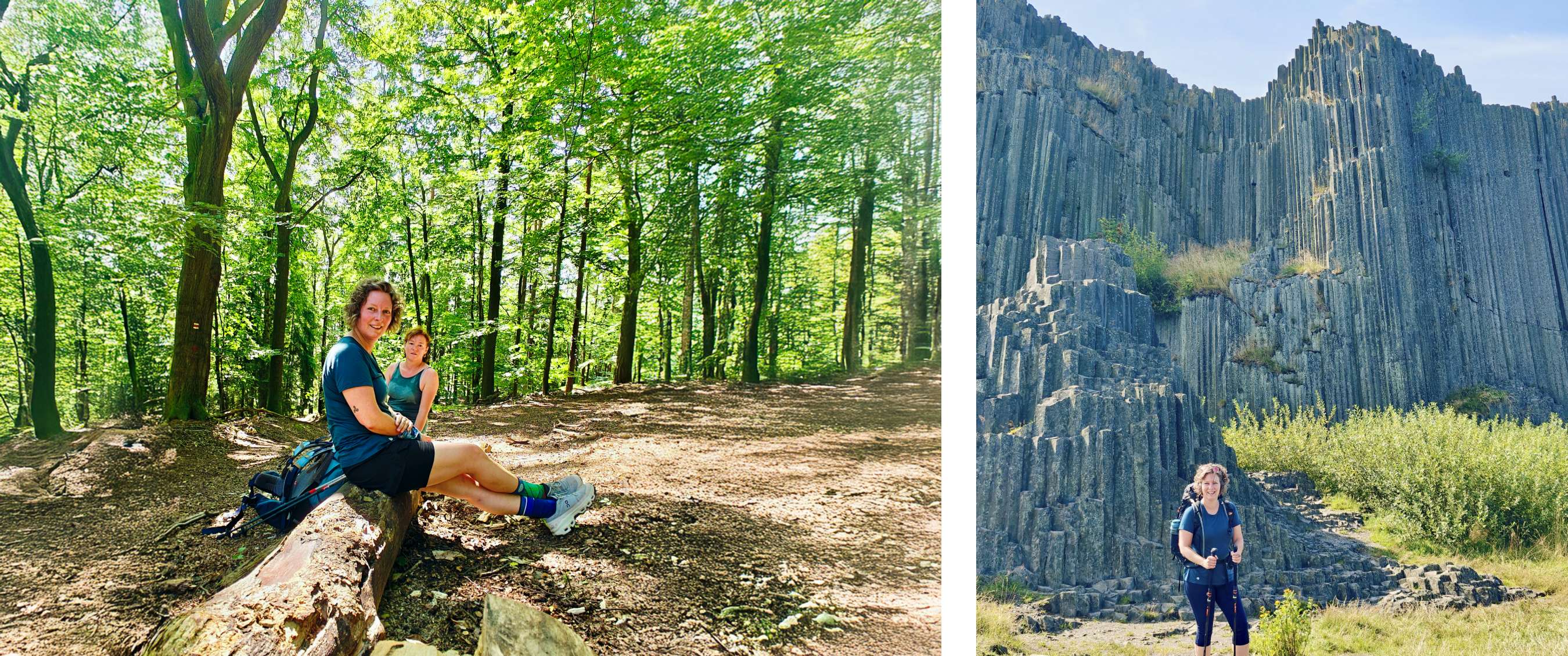 Deux images : randonneuses assises sur un arbre tombé dans la forêt ; femme avec bâtons de marche devant des rochers abrupts.