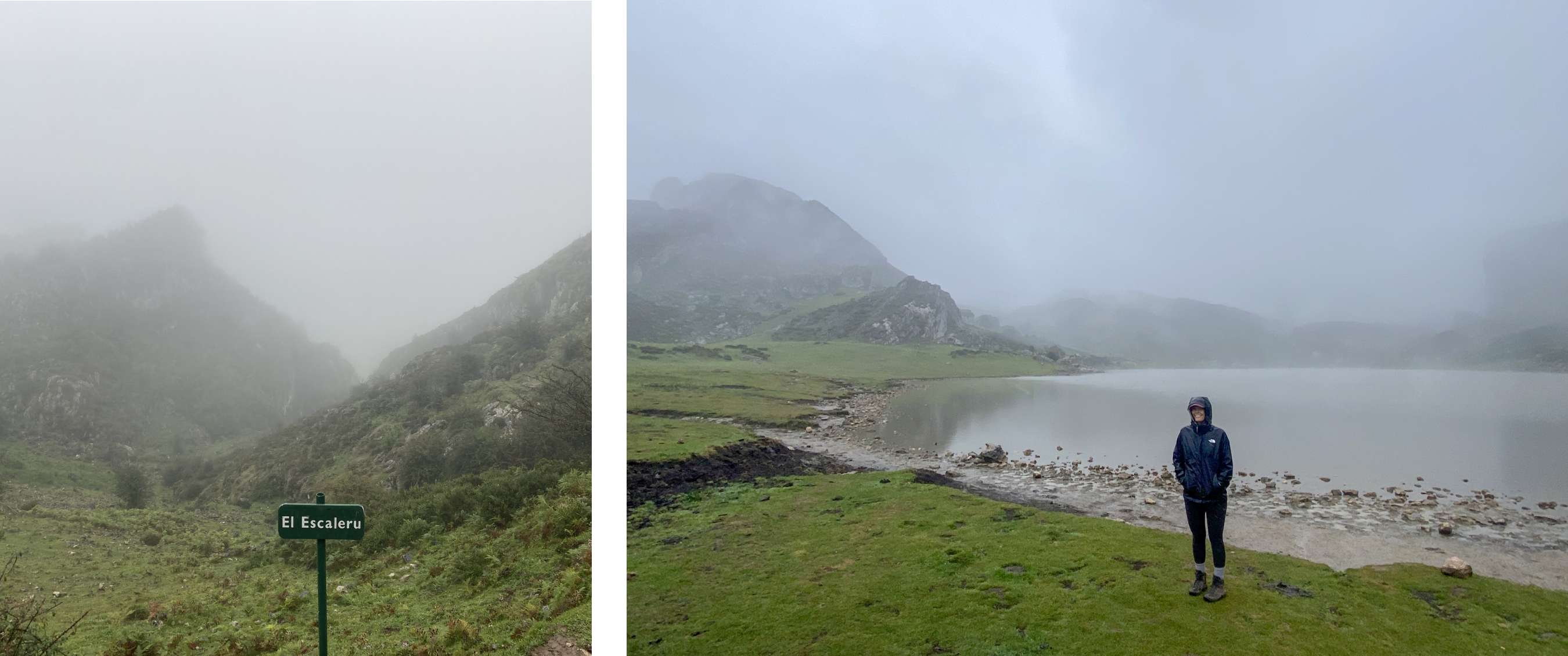 Deux images : paysage montagneux brumeux avec vallée verte et panneau « El Escaleru » ; personne en veste au bord d’un lac de montagne.