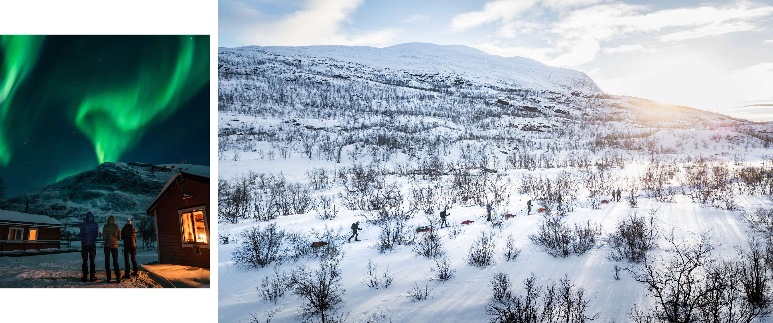 Deux images : trois personnes sous une aurore verte ; des skieurs tirent des traîneaux dans les montagnes enneigées.