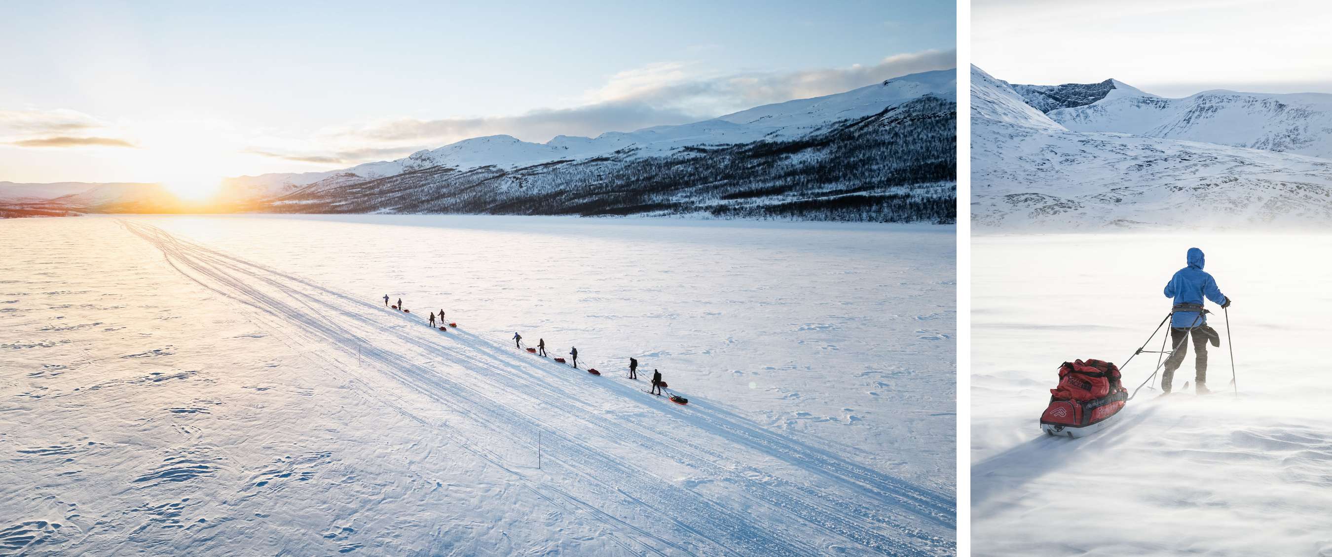Deux images : groupe à skis au coucher du soleil ; skieur tirant des bagages dans un paysage montagneux blanc.