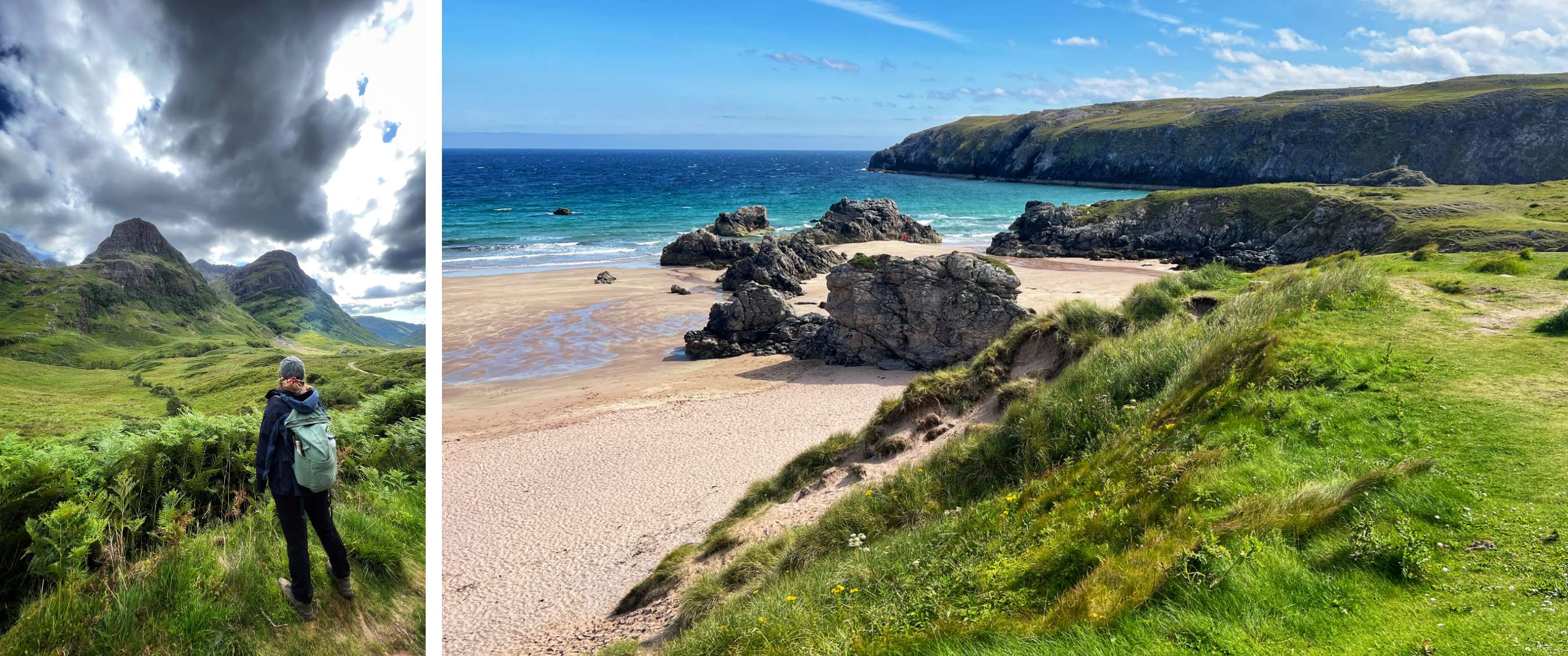 Plage de sable avec de grands rochers, mer turquoise et falaises vertes sous un ciel bleu.