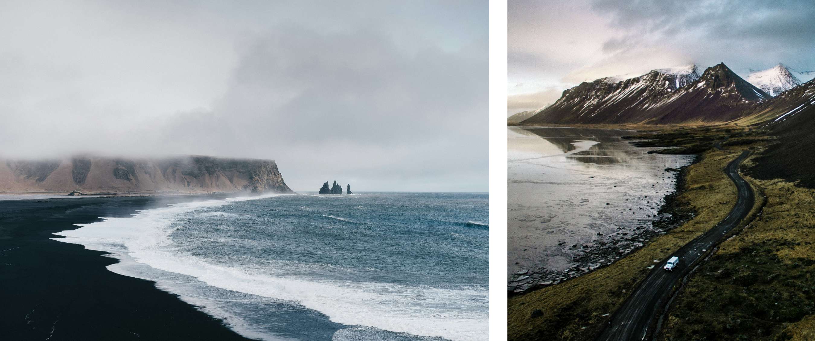 Deux images : côte de sable noir avec vagues et formations rocheuses en mer ; paysage montagneux avec un lac et une route sinueuse le long de la rive.