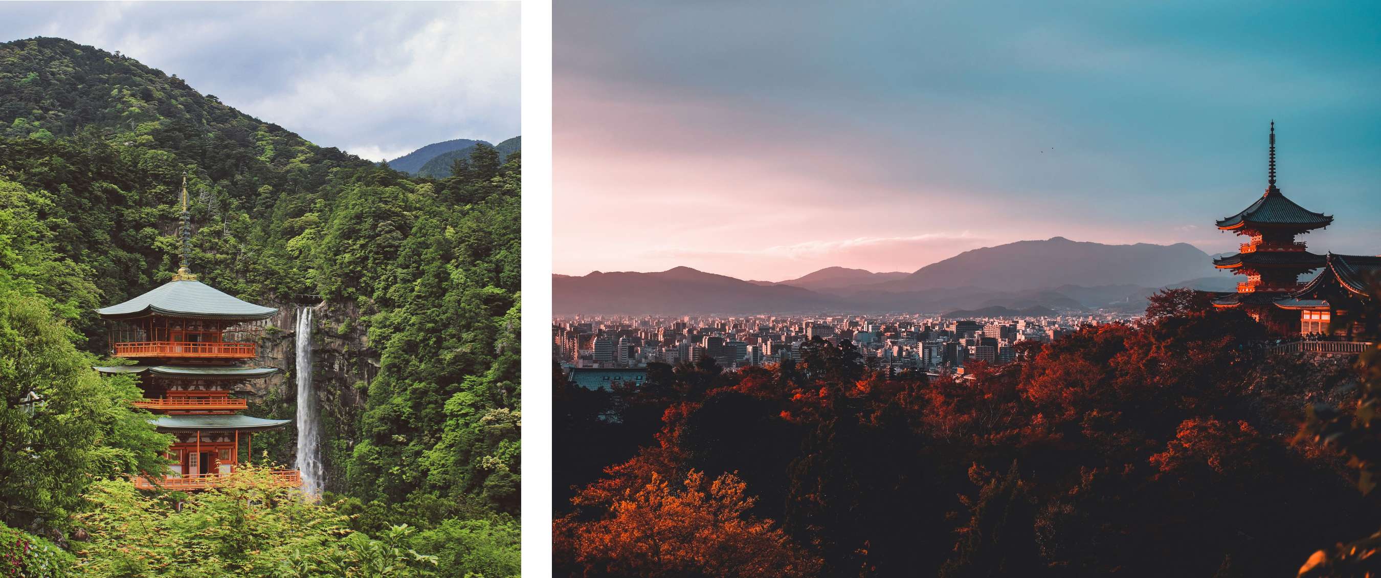 Two images: temple complex in a densely wooded mountain landscape with falling water; temple on a hill with city views and an evening sky.
