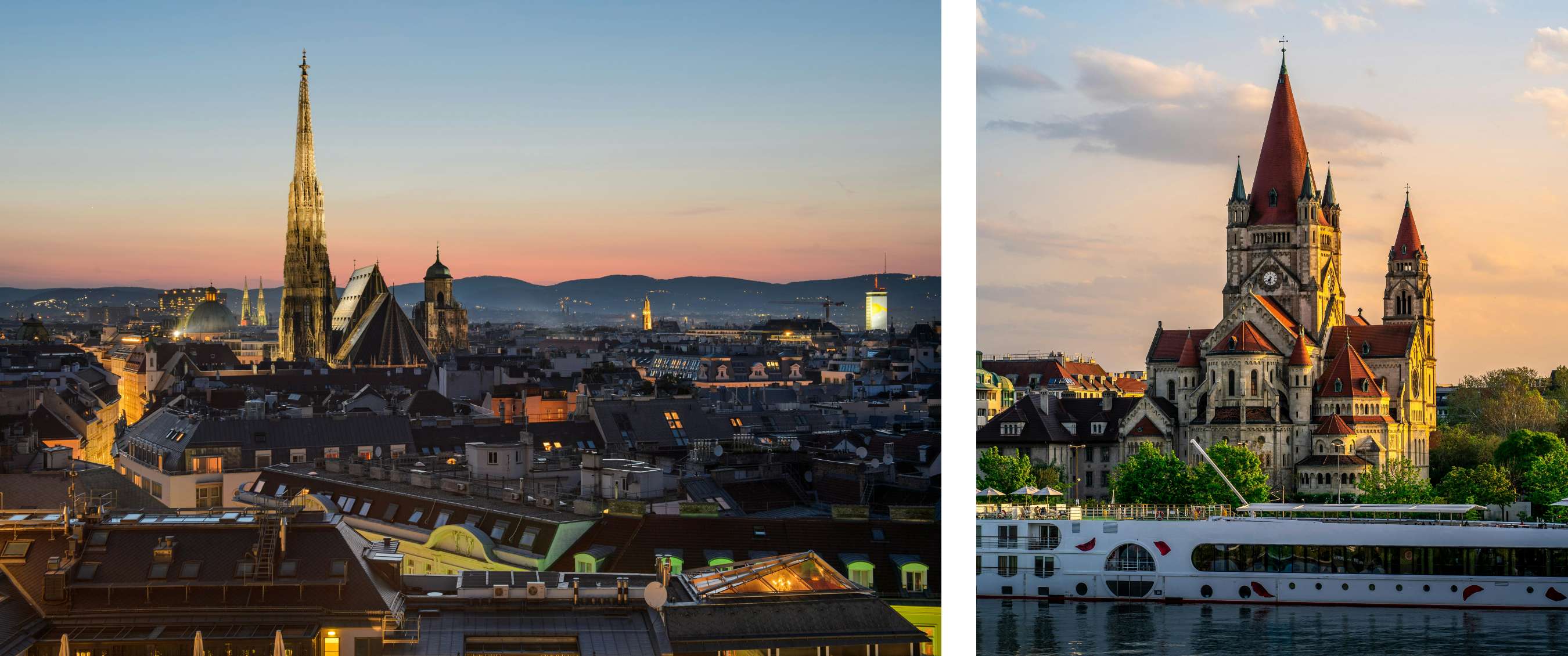 Deux images : panorama du centre-ville de Vienne avec une cathédrale gothique ; église monumentale aux toits rouges le long d’une rivière.