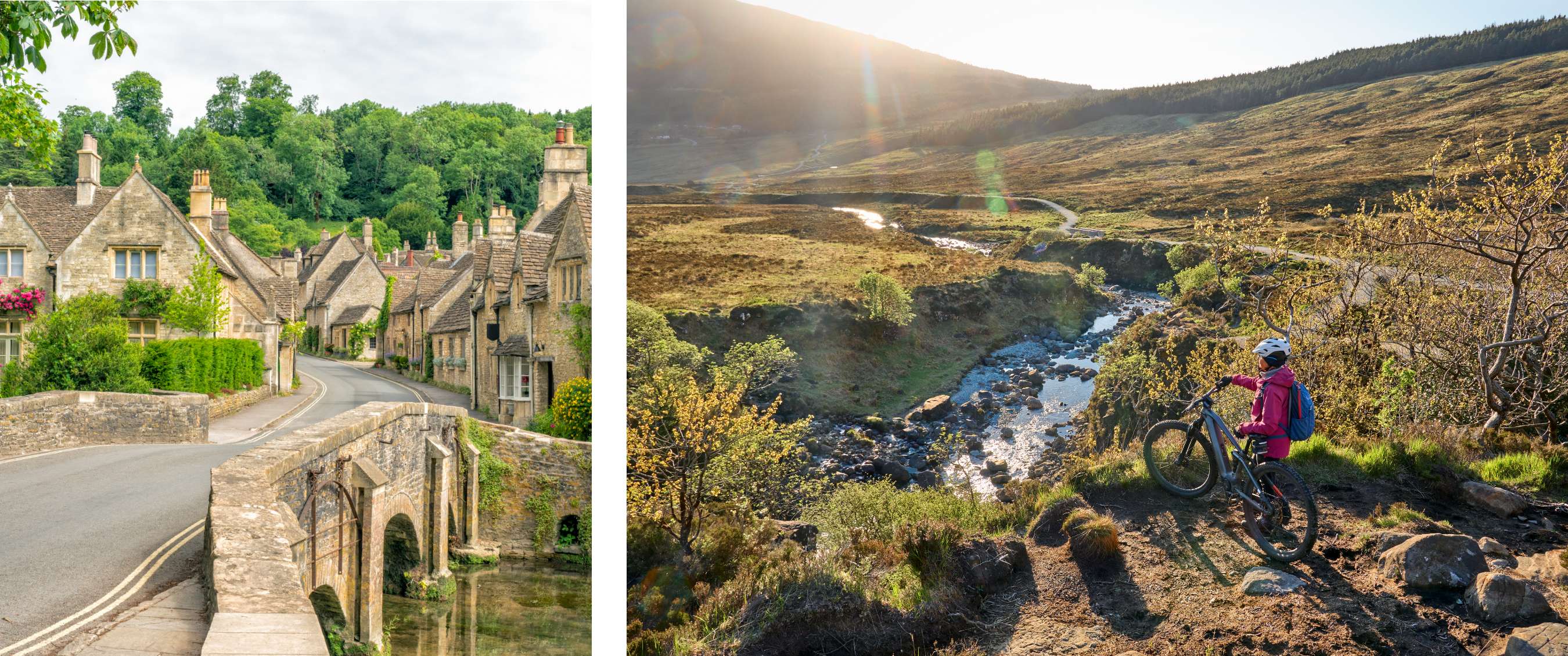 Twee beelden: een rustig Engels dorp met stenen woningen; een fietser in roze jas bij een heuvelachtig landschap met stromende beek.
