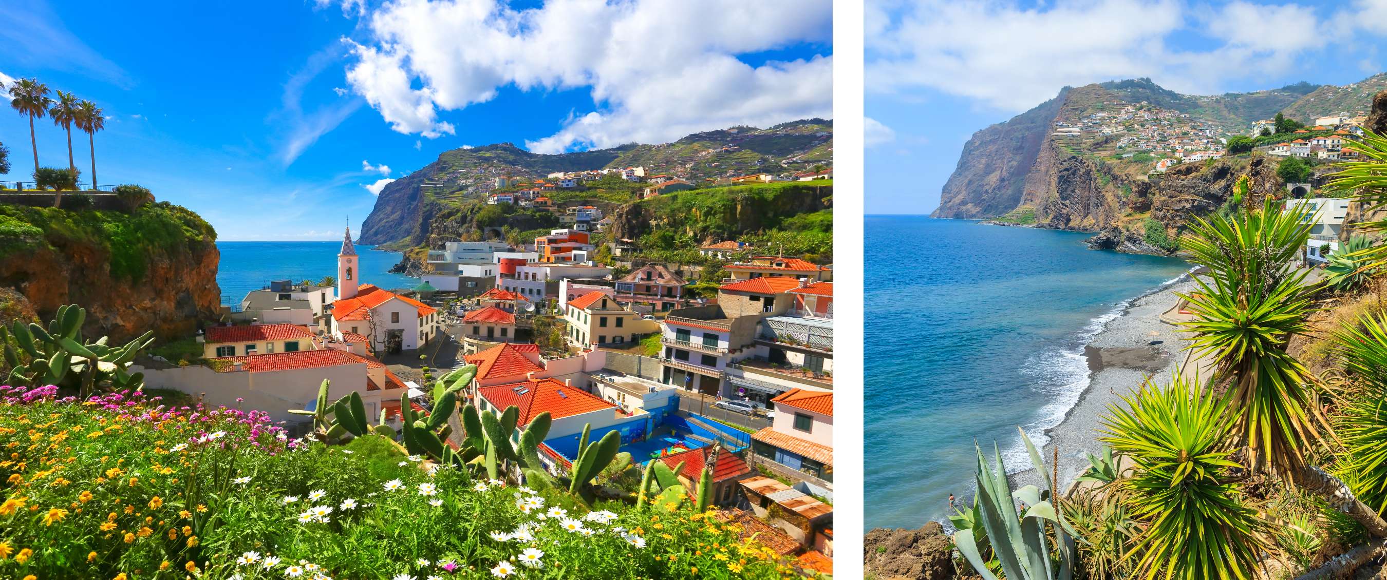 Twee beelden: een heuvelachtig dorp met witte huizen en uitzicht op de oceaan; een strand met donkere kiezels onder steile kliffen.