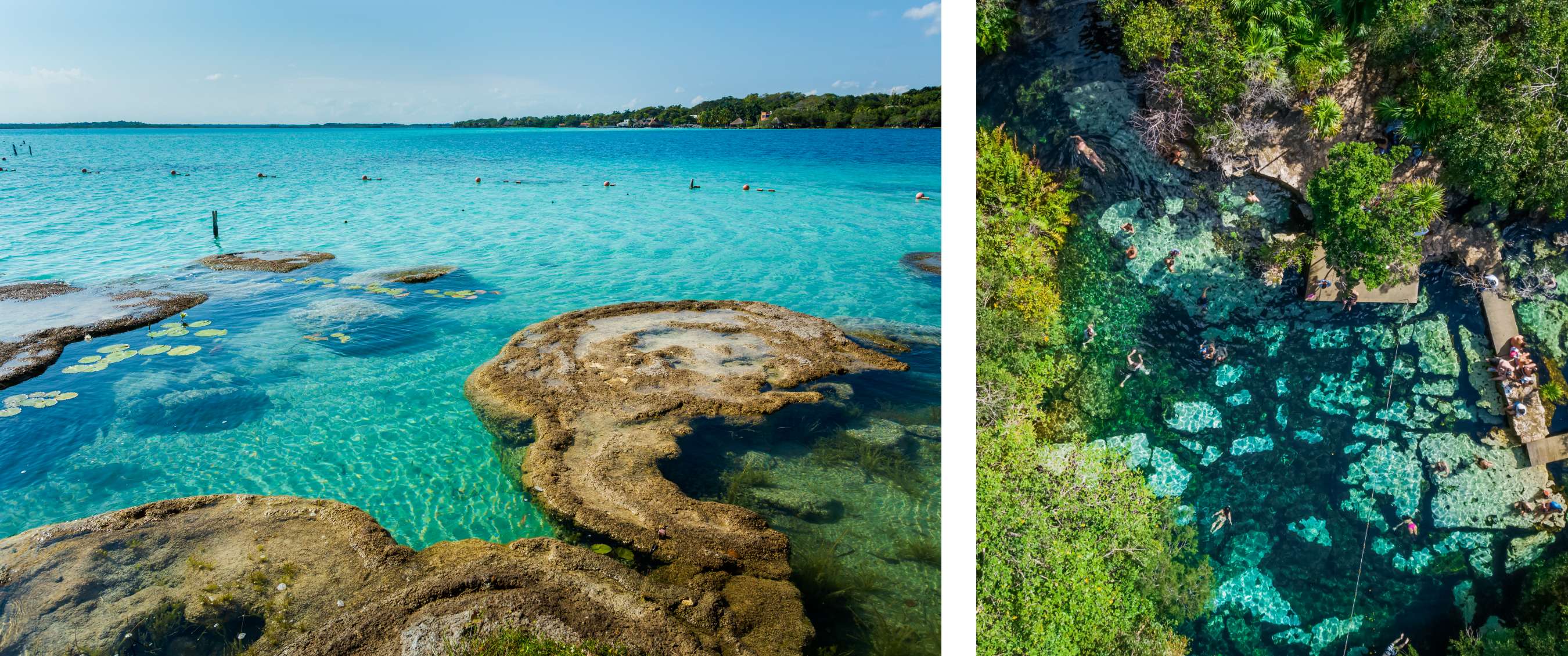 Twee beelden: turquoise lagune met ondiepe rotsformaties en zwemmers; een cenote van bovenaf met helder water en mensen op platforms.