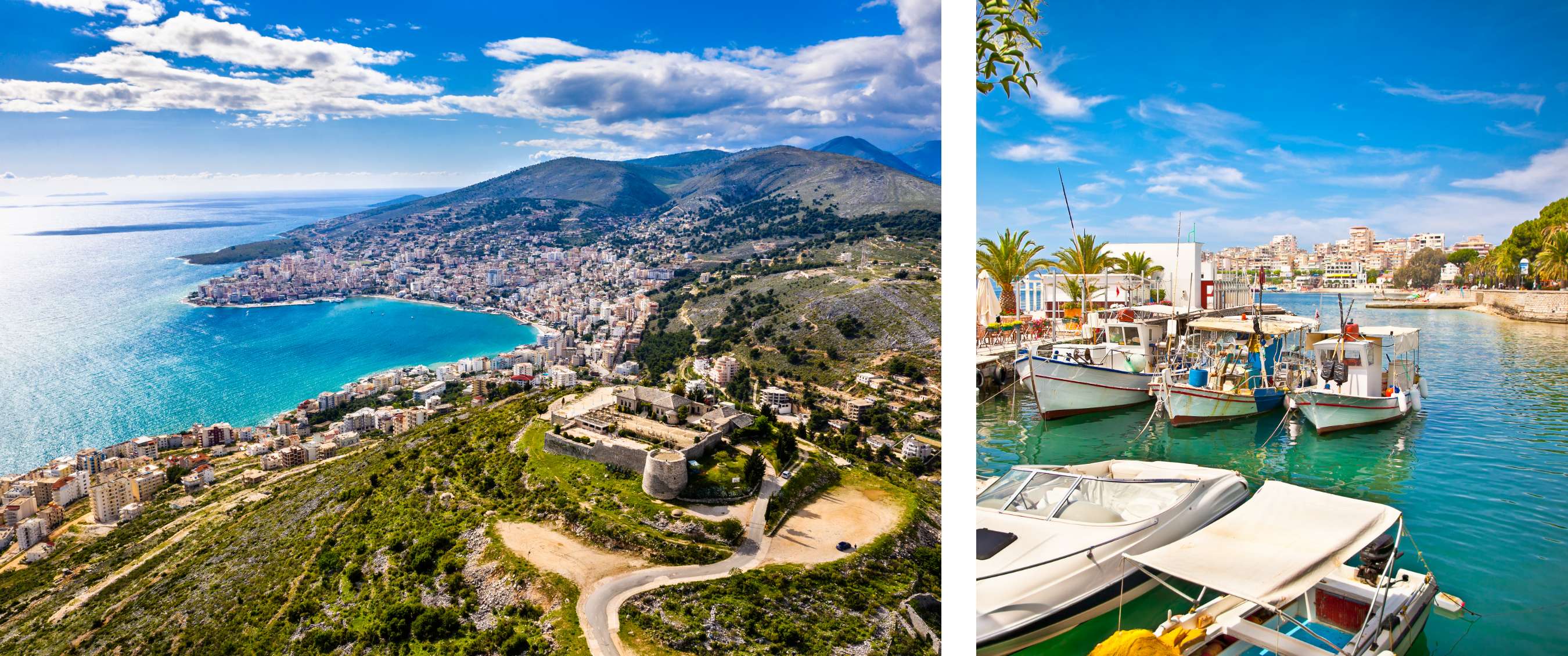 Twee beelden: een uitgestrekte kuststad met turquoise baai en omliggende heuvels; een haven met vissersboten en palmbomen langs helder water.