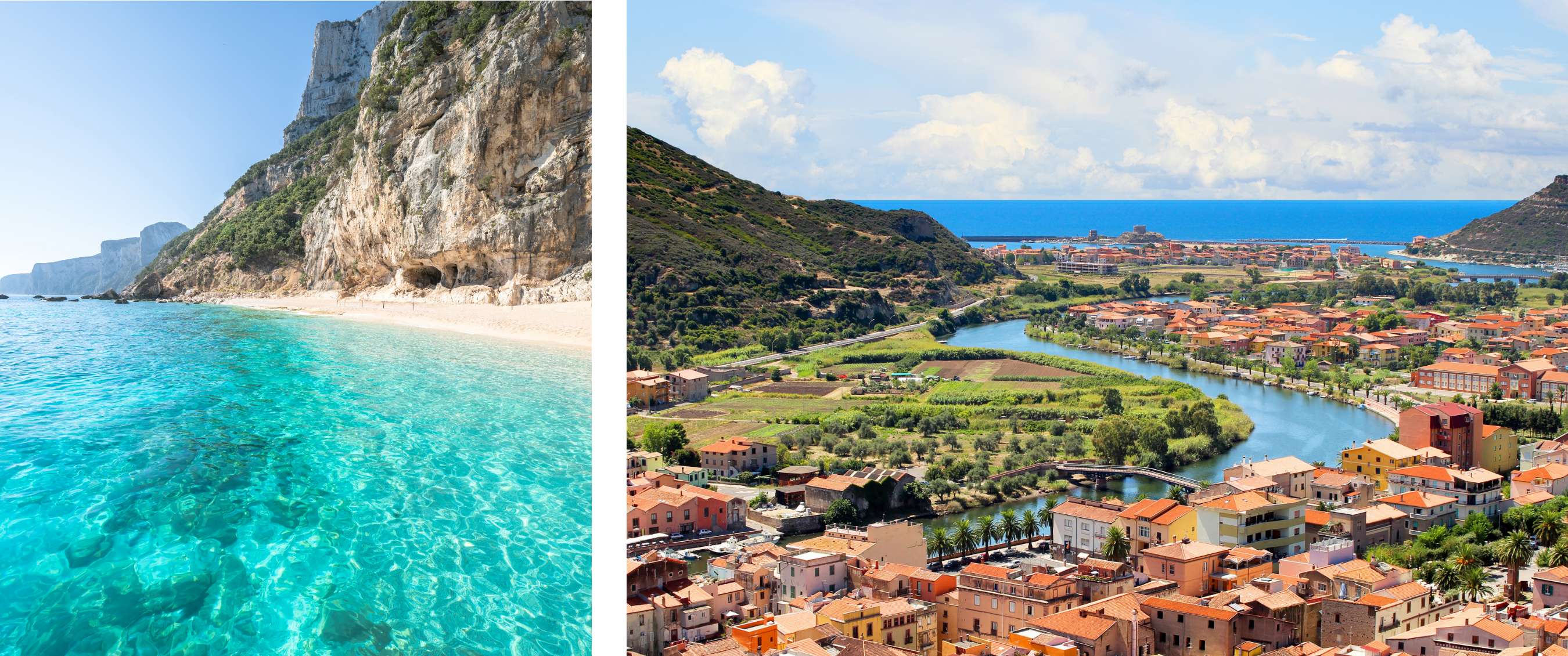 • Twee beelden: turquoise water bij steile kliffen met licht zand; een panorama van een stad met rode daken tussen heuvels en kustlijn.