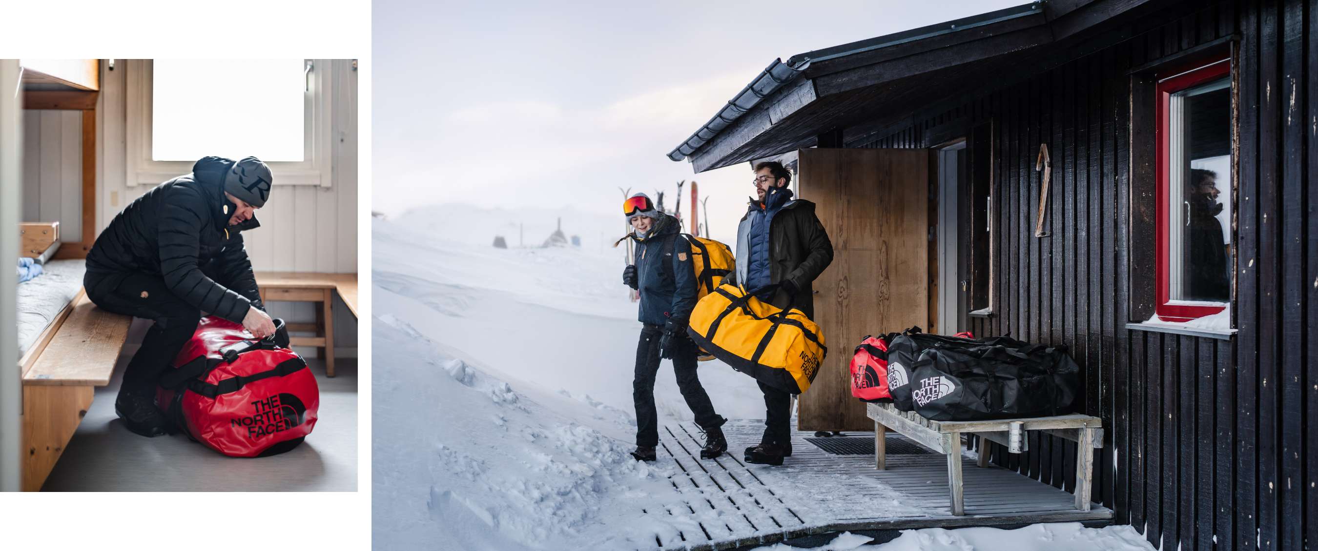 Twee beelden: persoon sluit rode The North Face-duffel en reizigers dragen tassen in de sneeuw.