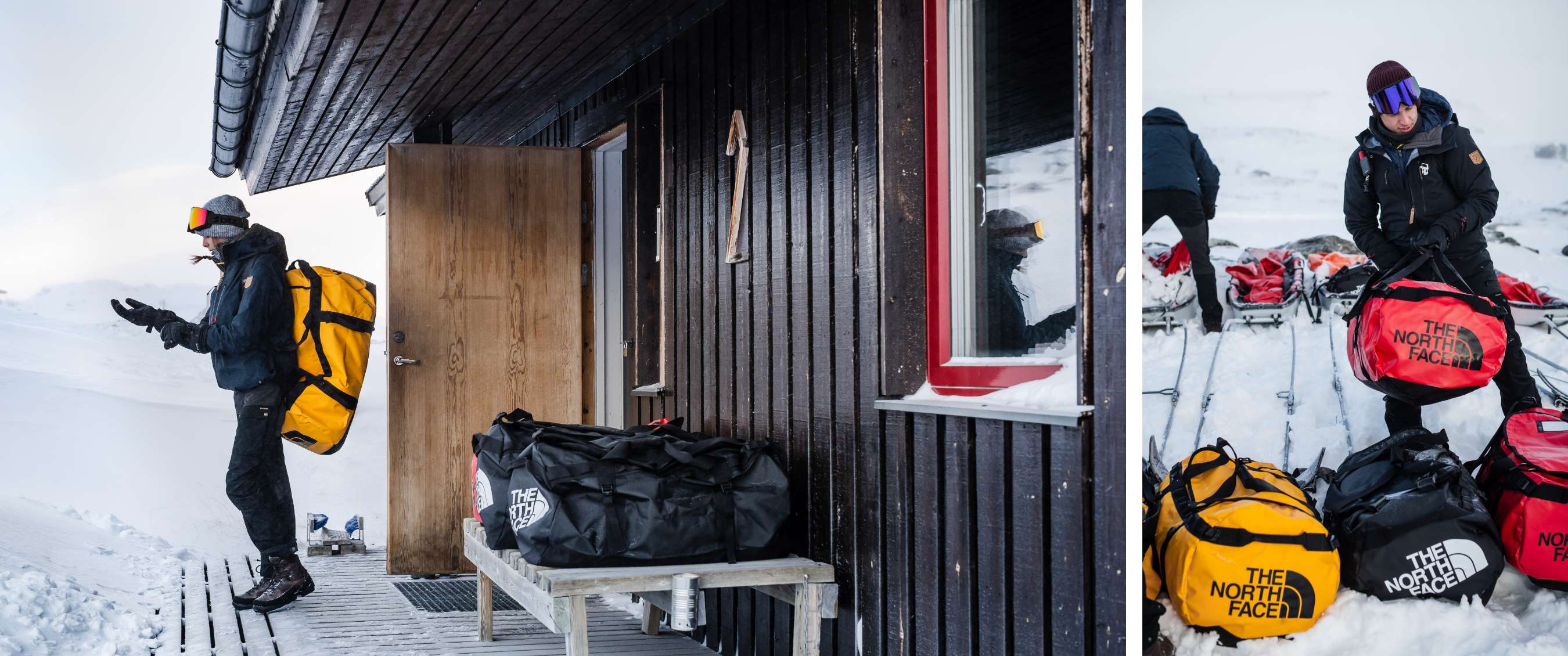 Twee beelden: persoon met gele duffel op rug en persoon draagt rode The North Face-duffel.