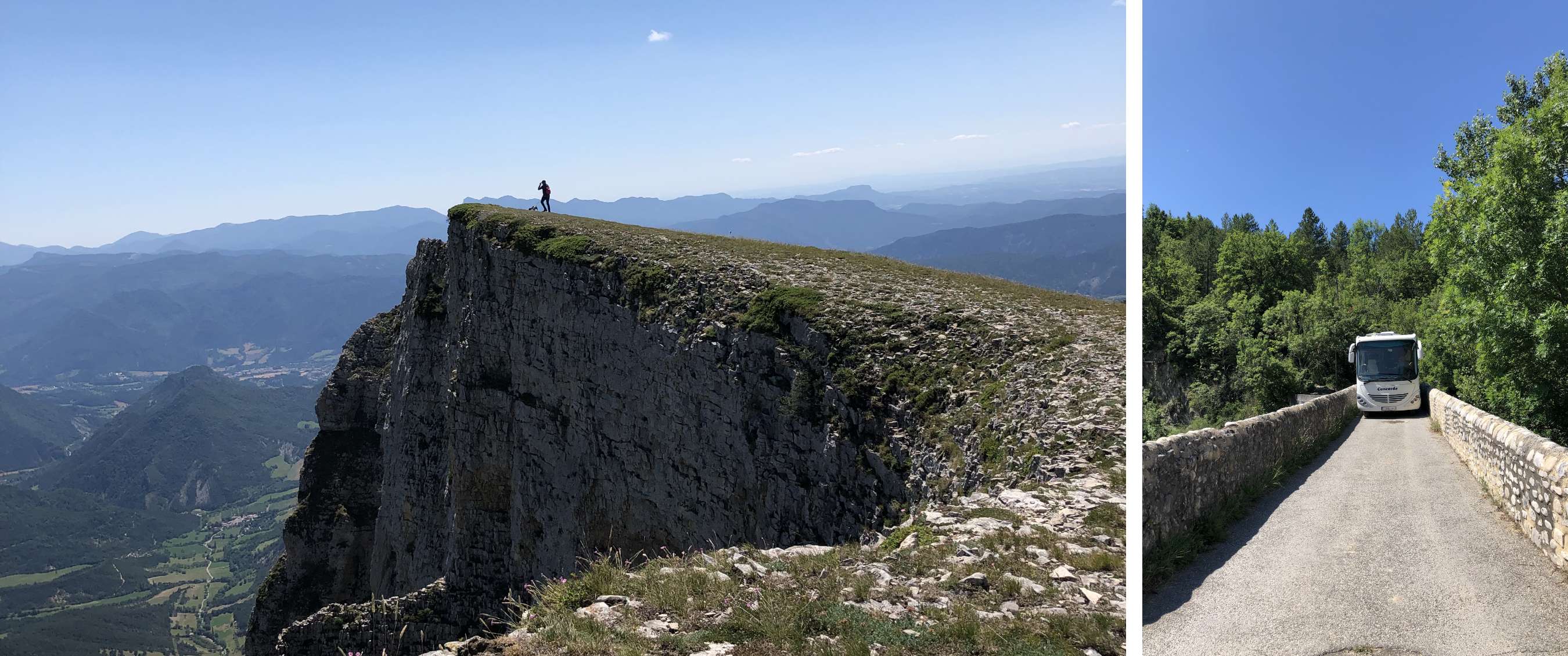 Twee beelden: mist trekt door een rotsachtig berglandschap; koe staat in een weide met bomen.