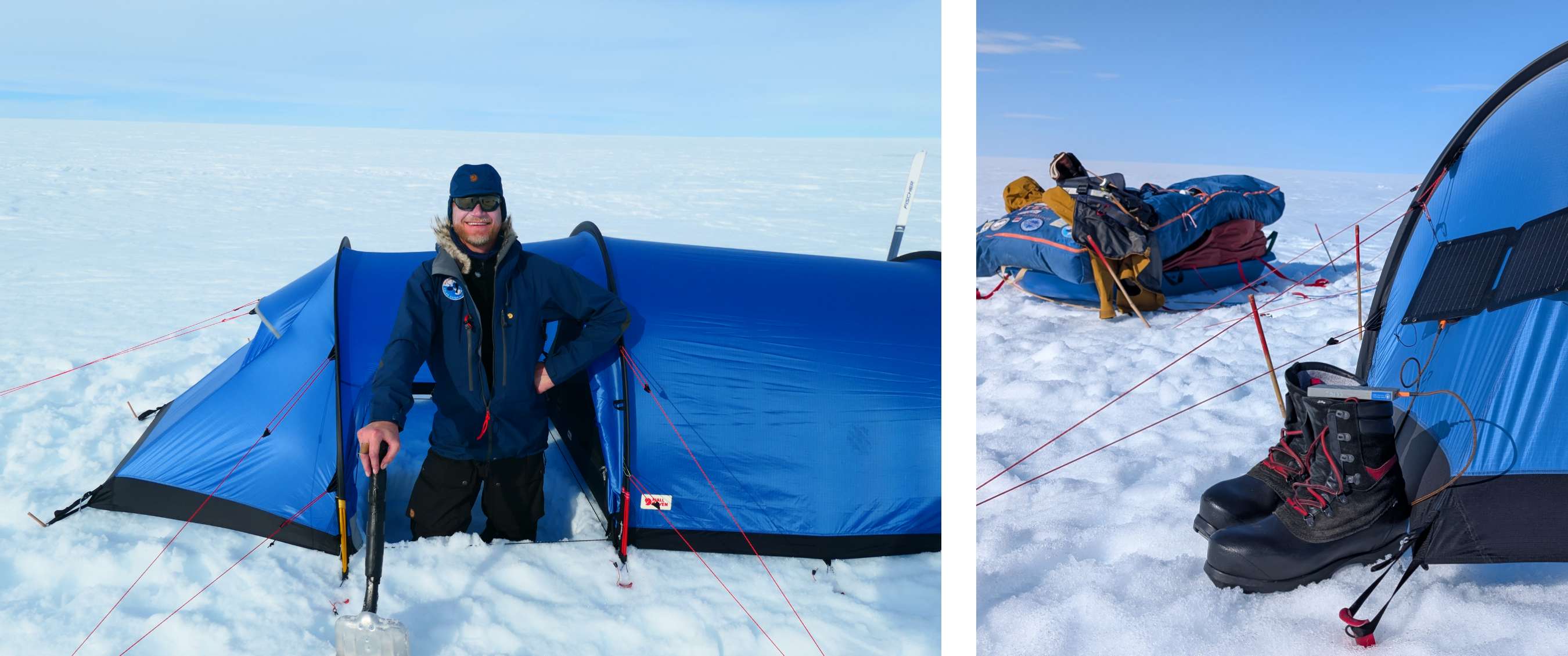 Twee beelden: man staat in de sneeuw bij een blauwe expeditietent met een schep; expeditie-uitrusting en winterlaarzen liggen naast een blauwe tent op een besneeuwde vlakte.