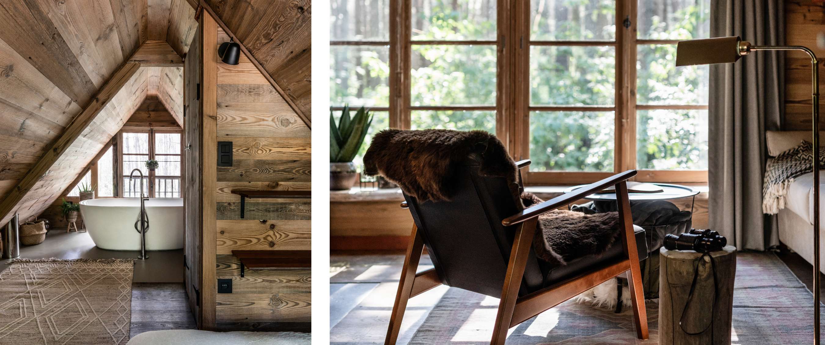 Twee beelden: badkamer met houten wanden en ligbad; interieur met fauteuil en zicht op bos