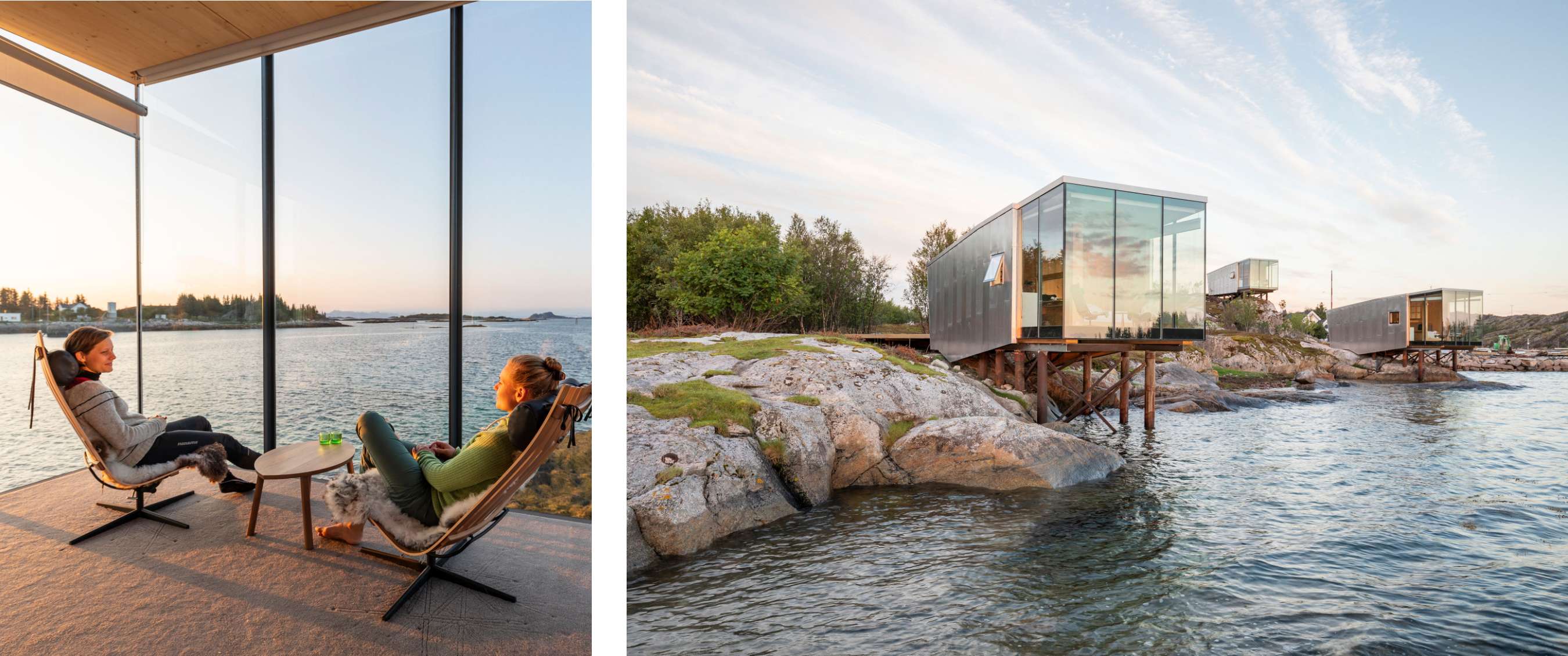 Twee beelden: personen zittend in loungestoelen achter een glazen gevel met zicht op zee; moderne glazen vakantiehuisjes op palen aan de rotskust.