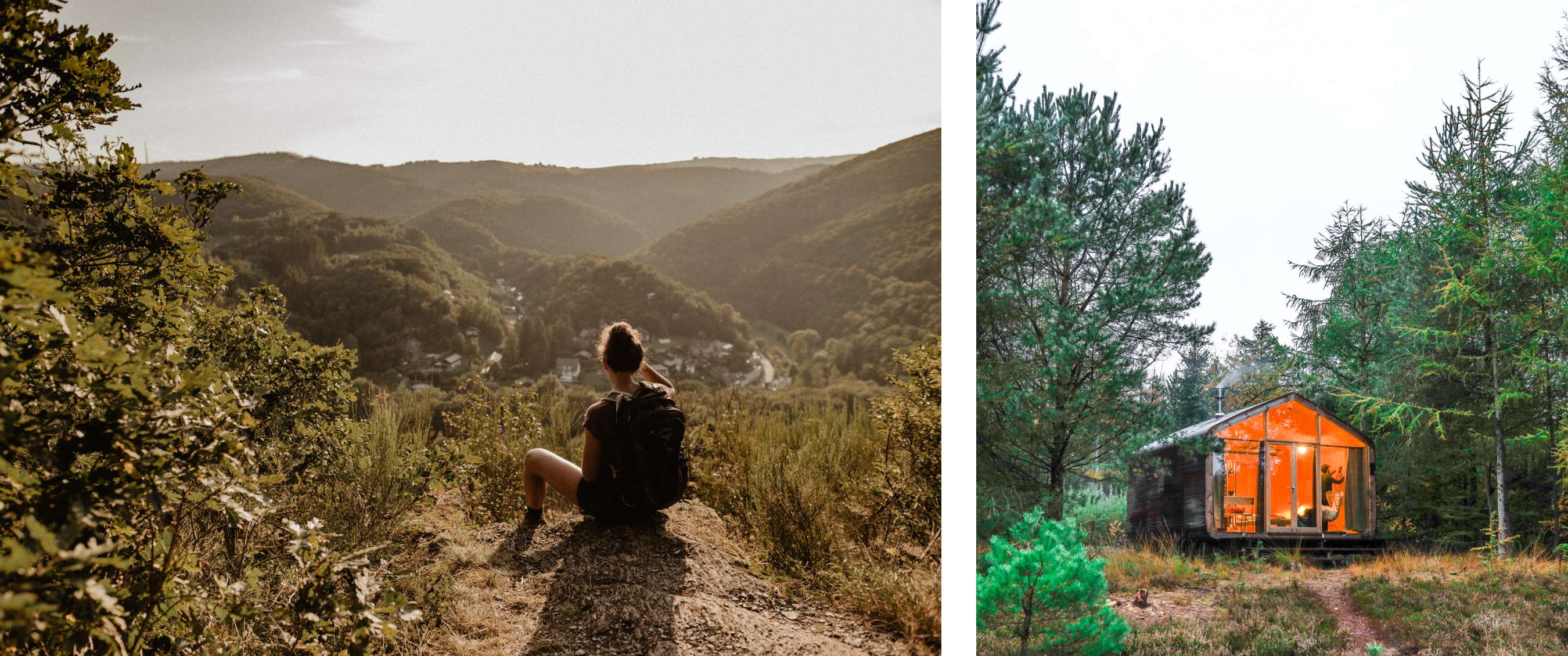 Deux images : Randonneur assis au sommet d’une colline avec vue sur une vallée boisée et des maisons ; cabane compacte éclairée dans un environnement forestier.