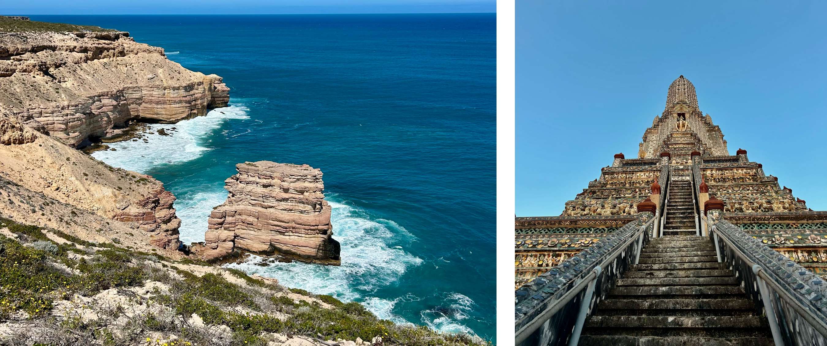Deux images : falaises rocheuses près de la mer bleue et escalier de temple décoré