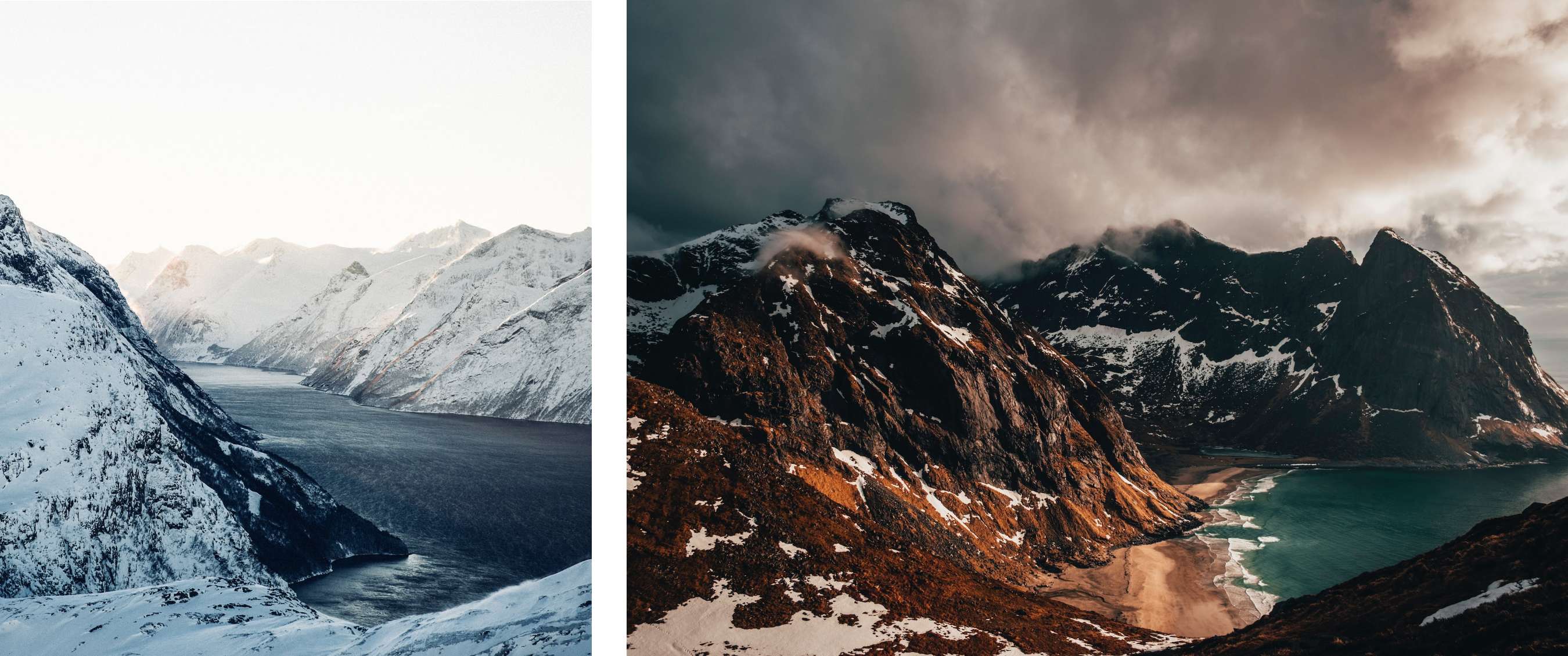 foto links <Besneeuwde bergen rond een smalle fjord met zacht licht aan de horizon.> foto rechts <Ruwe berghellingen met sporen van sneeuw dalen af naar een turquoise baai onder donkere wolken.>