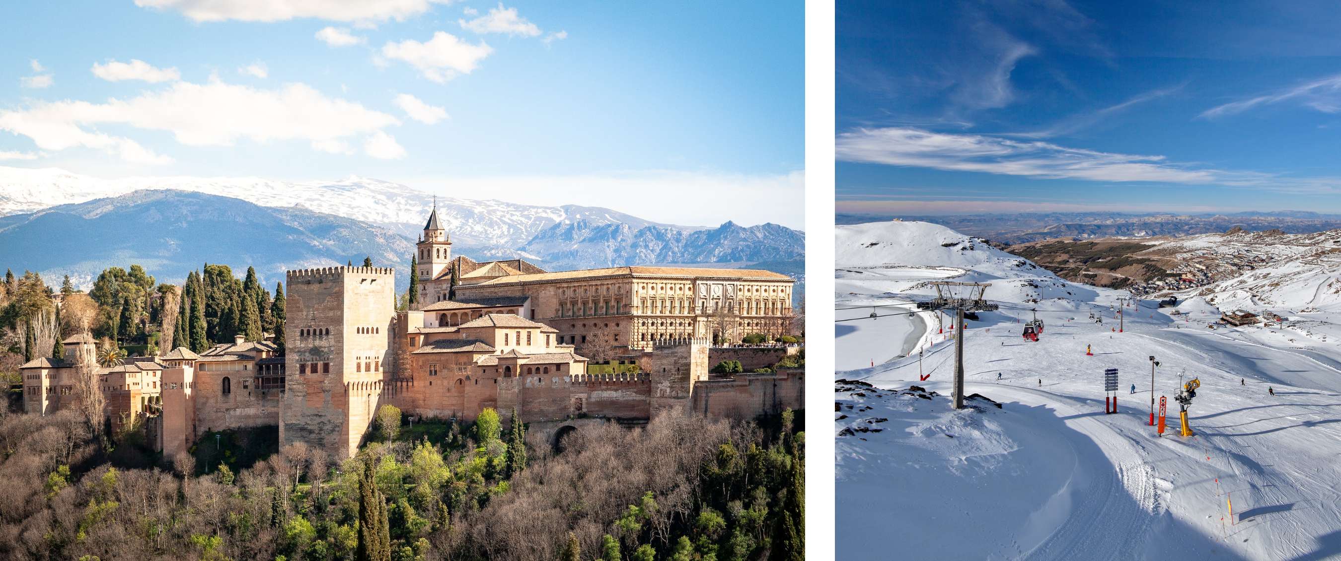 foto links <Zicht op het Alhambra in Granada met de besneeuwde toppen van de Sierra Nevada op de achtergrond.> foto rechts <Skipistes in de Sierra Nevada met skiliften en skiërs onder een heldere blauwe lucht.>