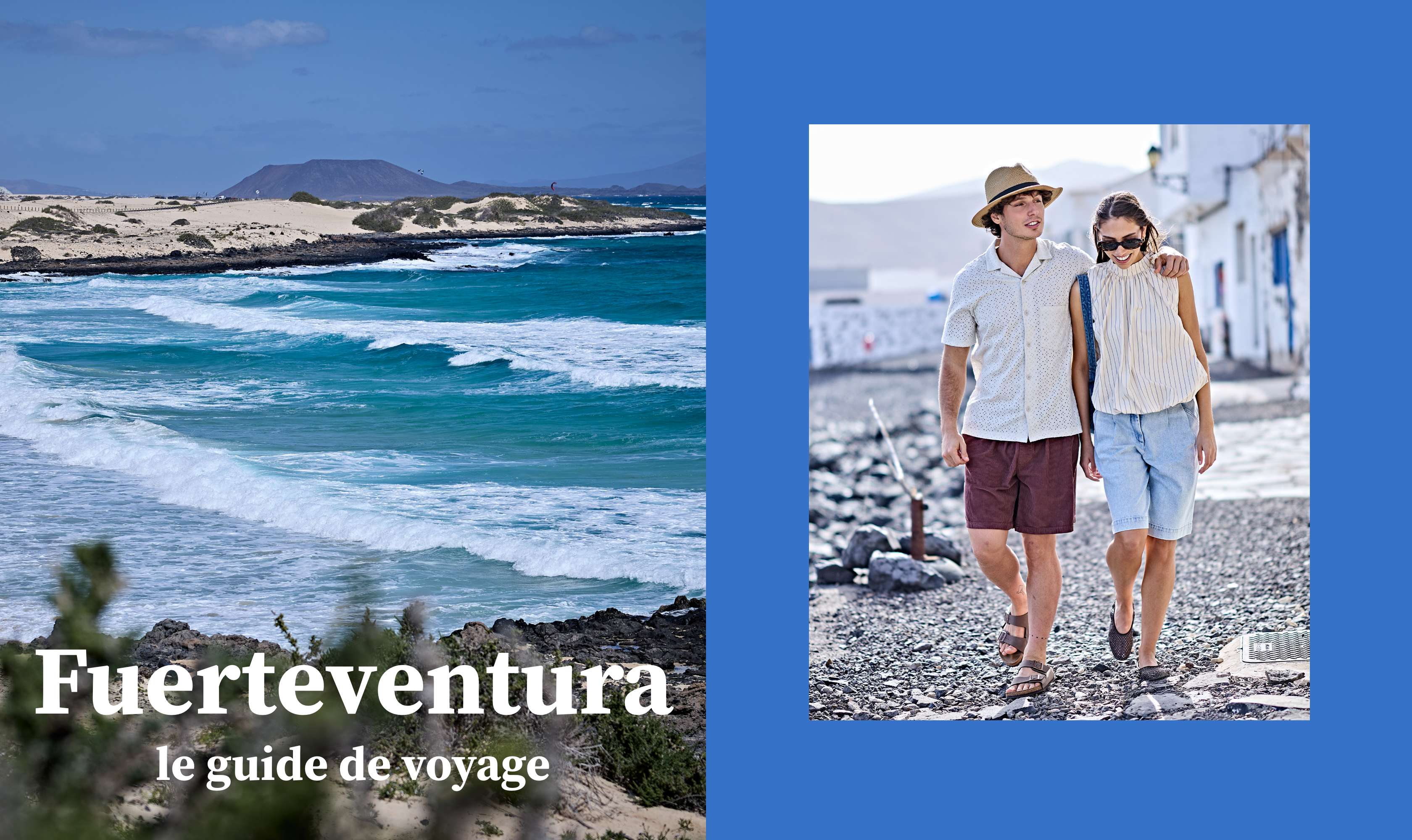 Twee beelden: turquoise zee met tekst Fuerteventura le guide de voyage, en twee wandelaars op een stenig pad.