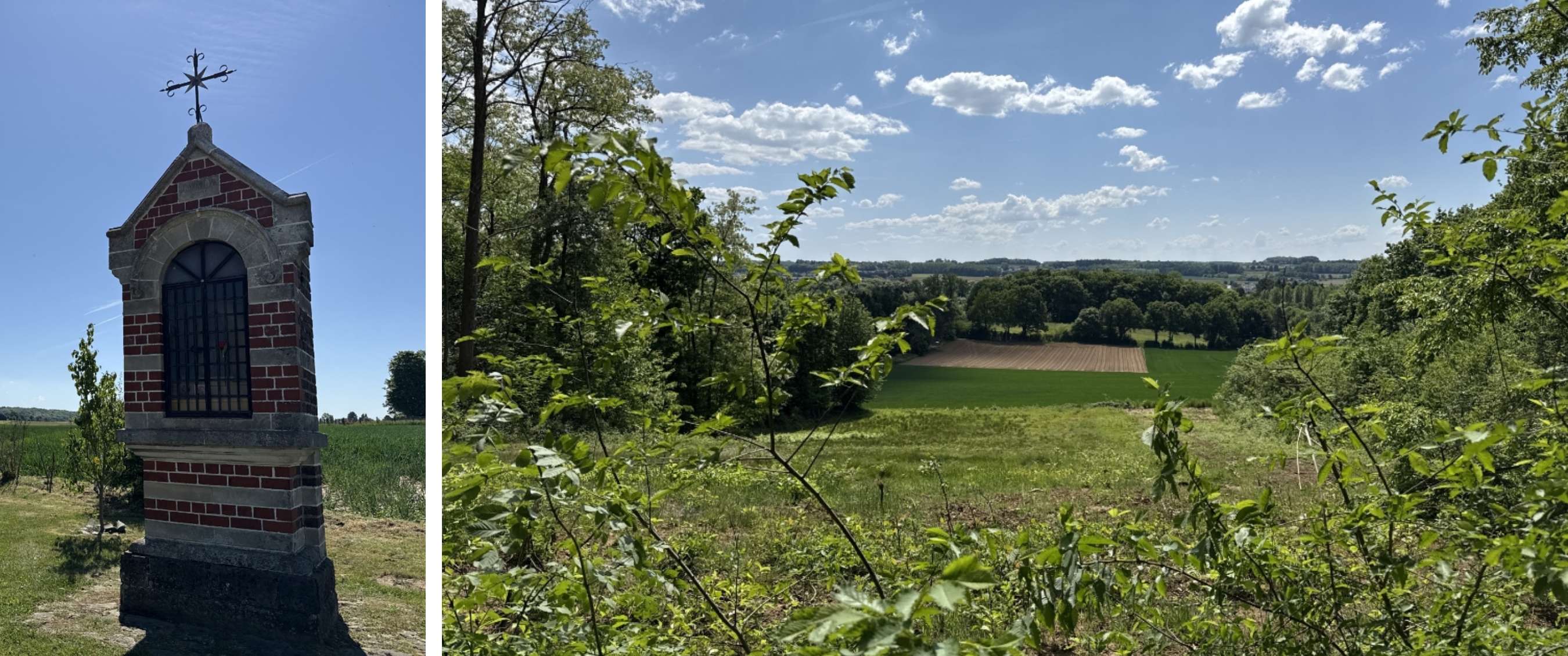 Twee beelden: kleine bakstenen veldkapel; panoramisch uitzicht over akkers, bomen en blauwe lucht.