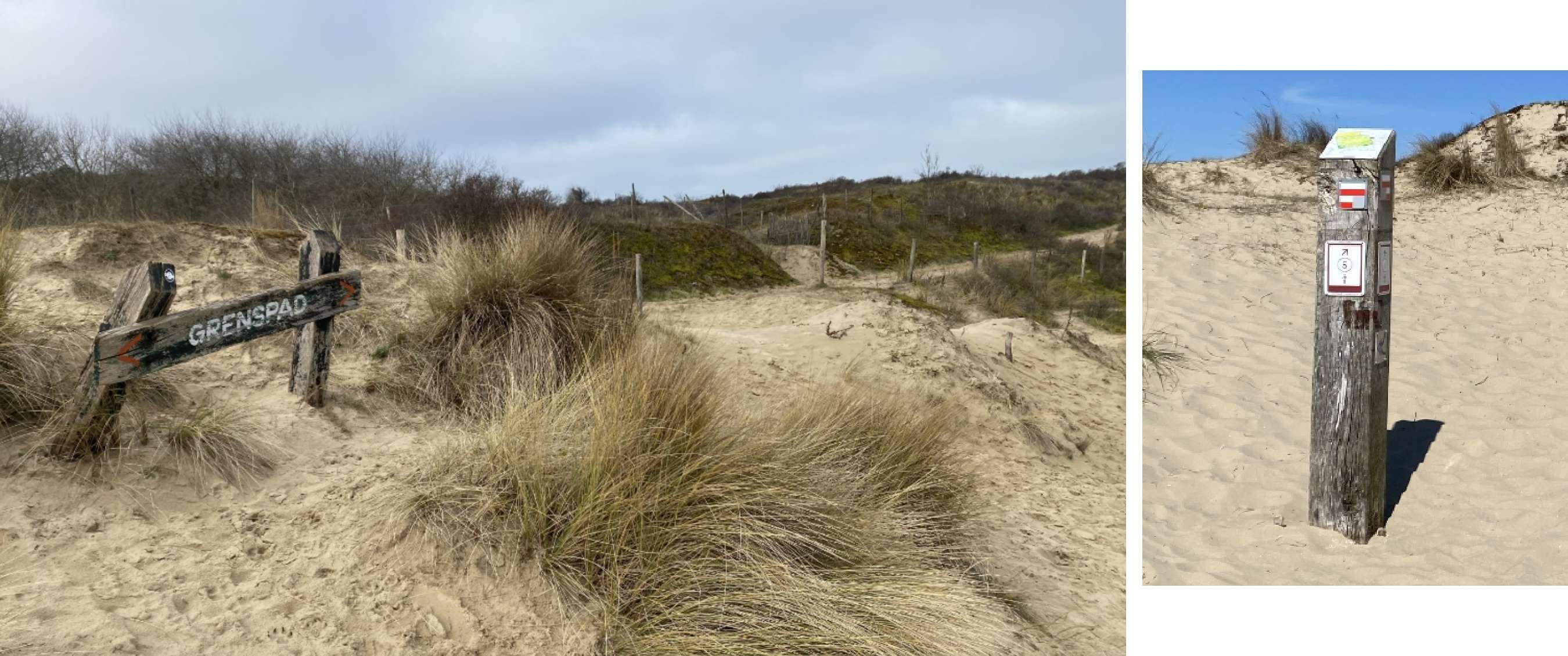 Twee beelden: zandpad door duinen met wegwijzer Grenzpad; houten paal met wandelmarkeringen in zandduin.