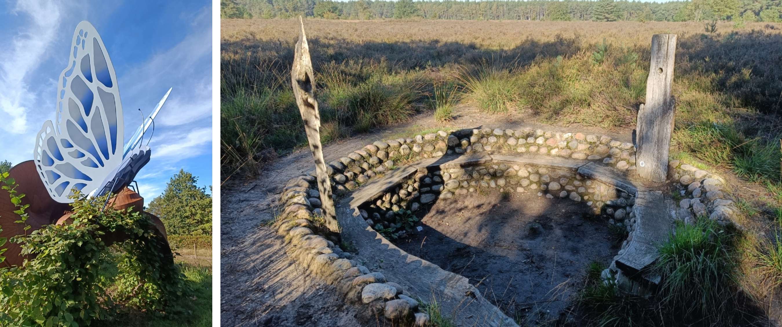 Twee beelden: grote vlindersculptuur tegen blauwe lucht; ronde zitplek met stenen rand in heidelandschap.