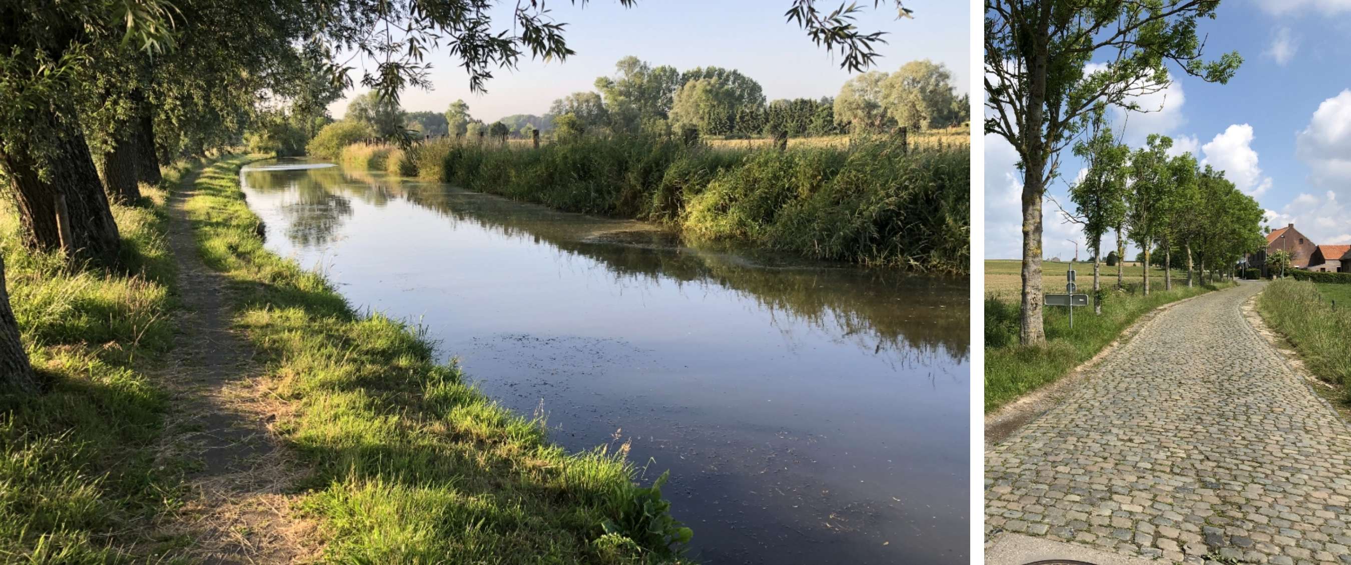 Twee beelden: kanaal met graspad en bomen; kasseiweg met bomenrij richting boerderij.