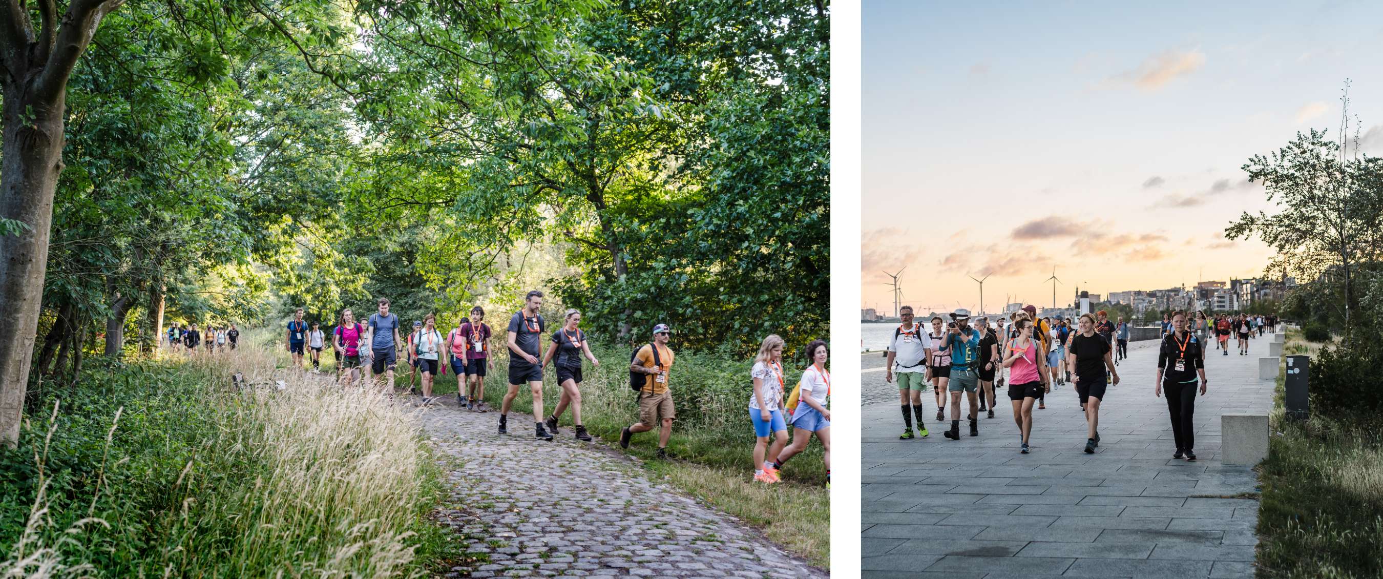 Twee beelden: Groep deelnemers met rugzakken op een kronkelend pad in het bos; groep wandelaars op verharde oever met skyline op de achtergrond.