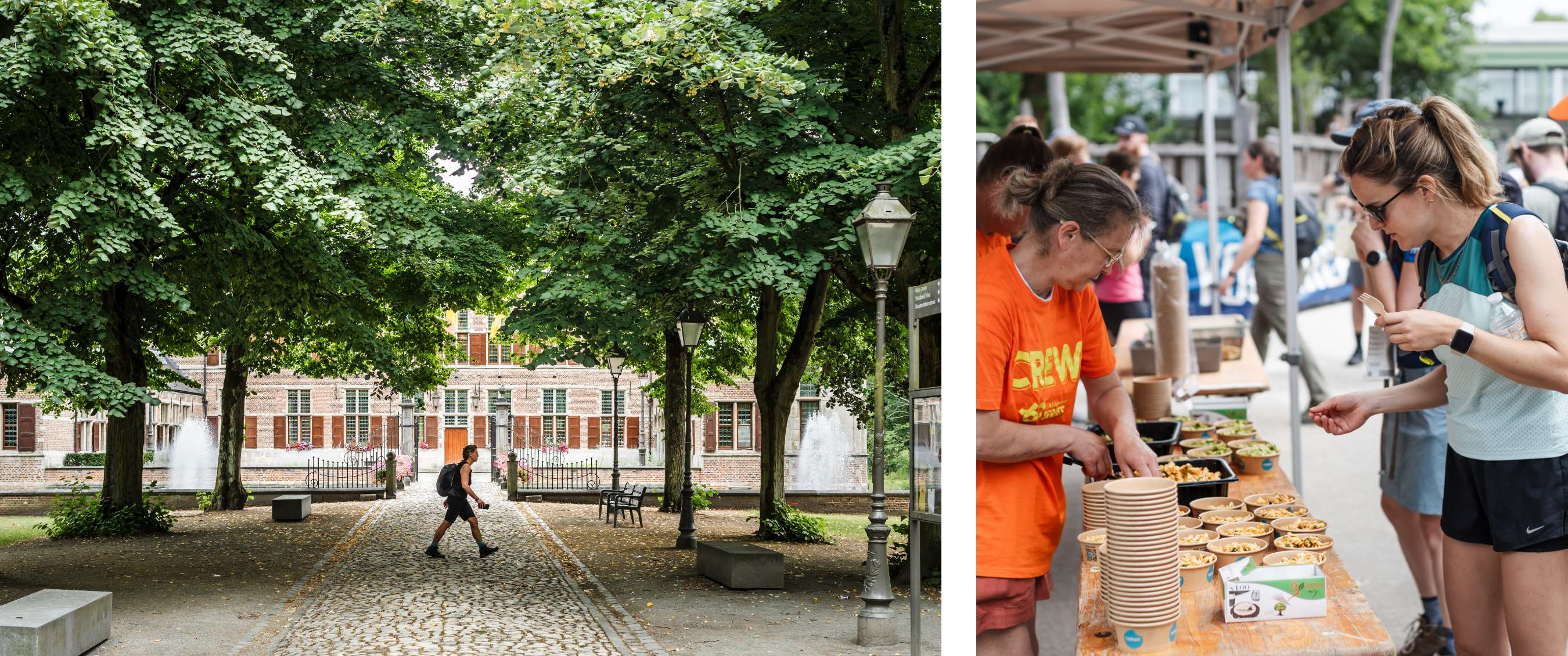Twee beelden: Wandelaar op kasseipad in groen park met fontein en historisch gebouw; vrijwilliger serveert maaltijden aan deelnemers onder tent.