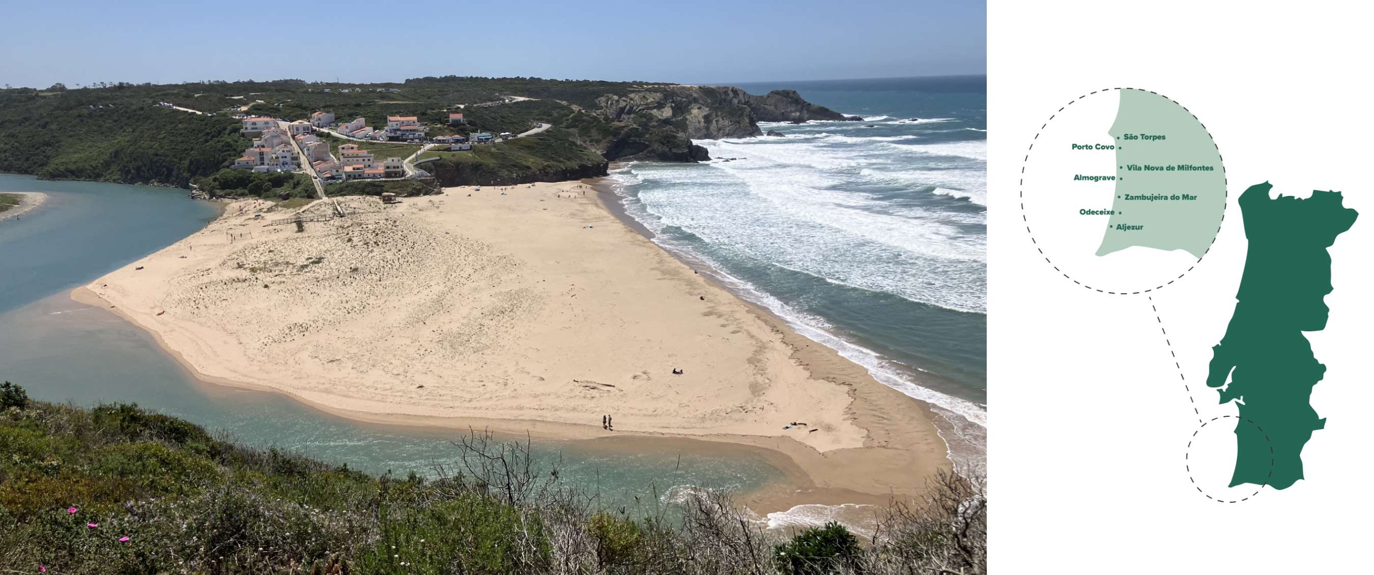 Deux images : plage côtière par temps clair et détail de carte avec São Torpes, Almograve et Aljezur.