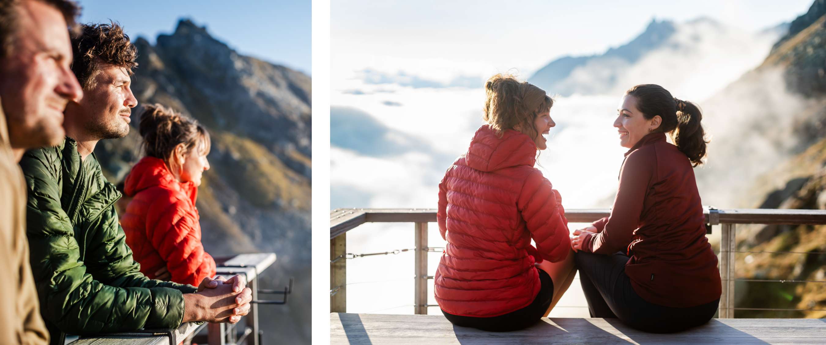 Twee beelden: groep mensen kijkt uit over berglandschap vanaf een uitkijkpunt; twee vrouwen zitten op een terras met zicht op bergen en wolken.