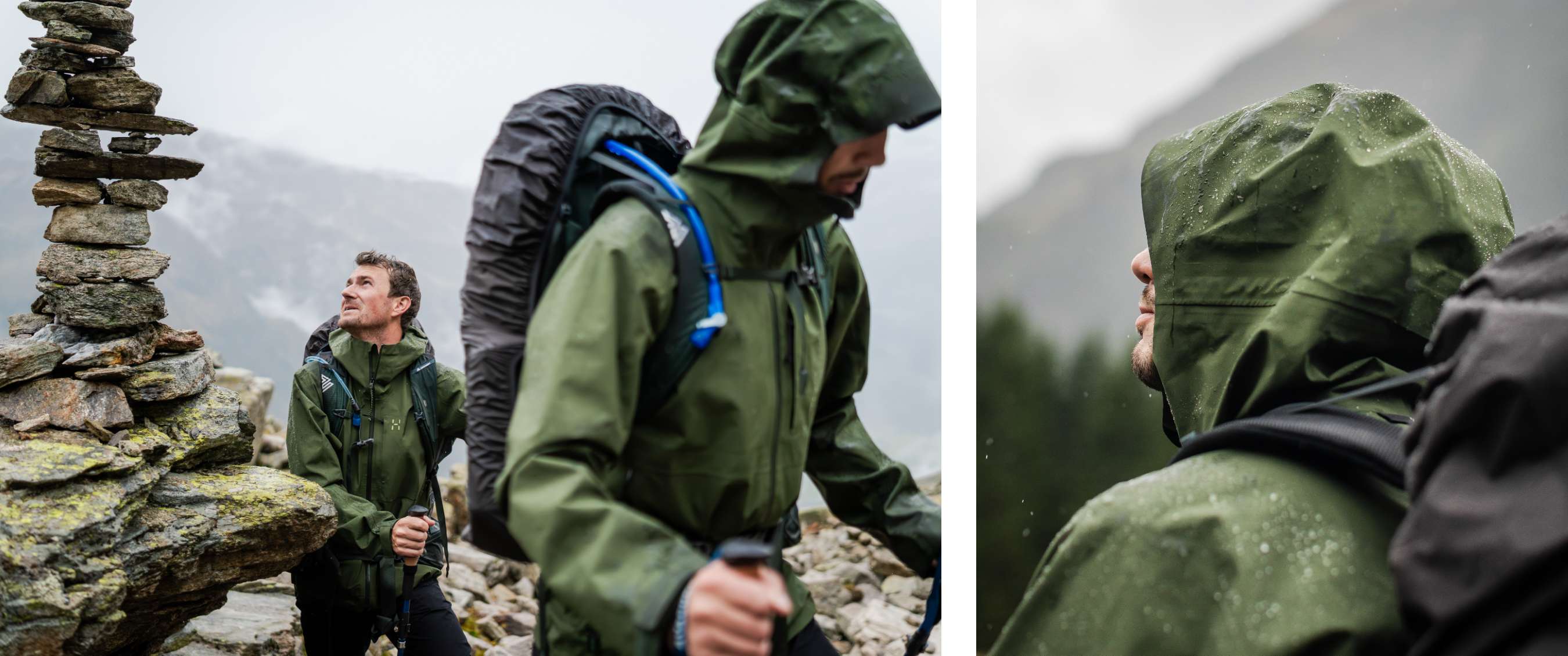 Twee wandelaars met rugzak lopen door rotsachtig berggebied bij nat weer.