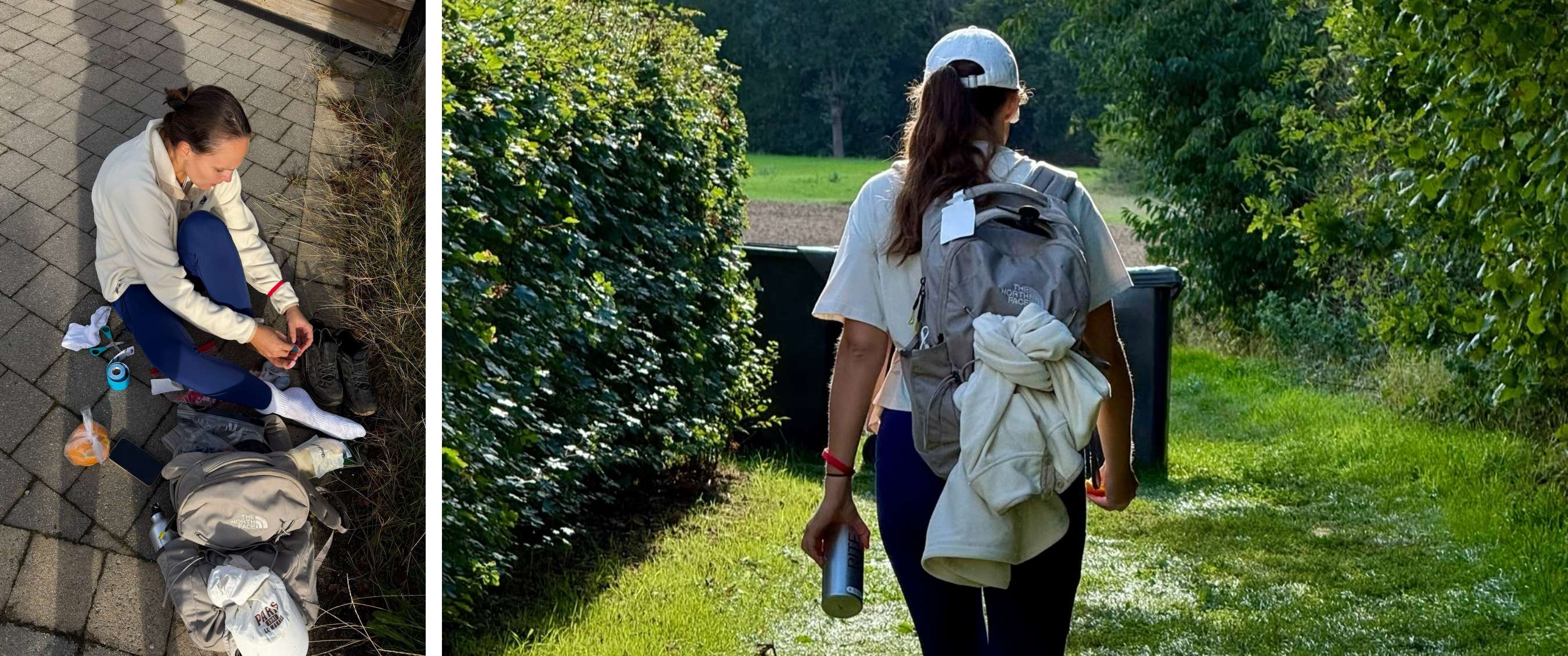 Persoon met pet en rugzak wandelt over een grasrijk pad tussen groene hagen.