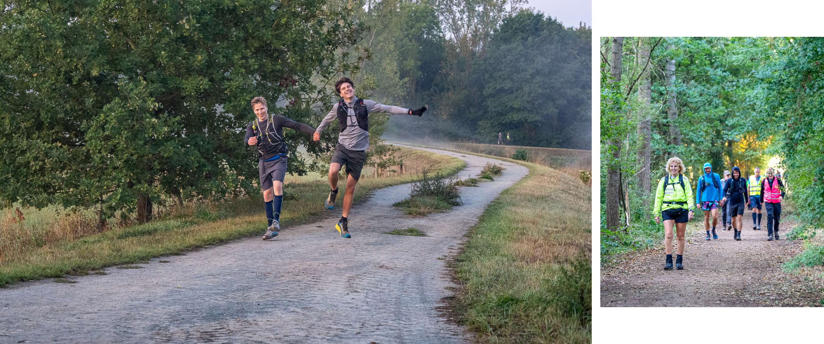 Twee personen in sportkleding lopen samen over een kronkelende weg in het groen.