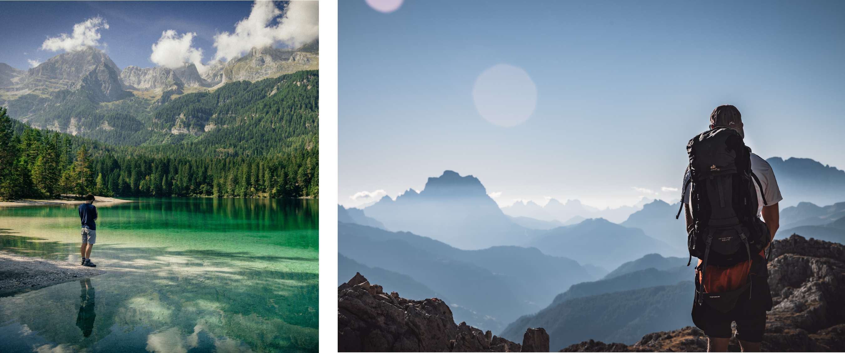 Twee beelden: persoon aan de oever van een groen bergmeer; wandelaar met rugzak kijkt uit over berglagen
