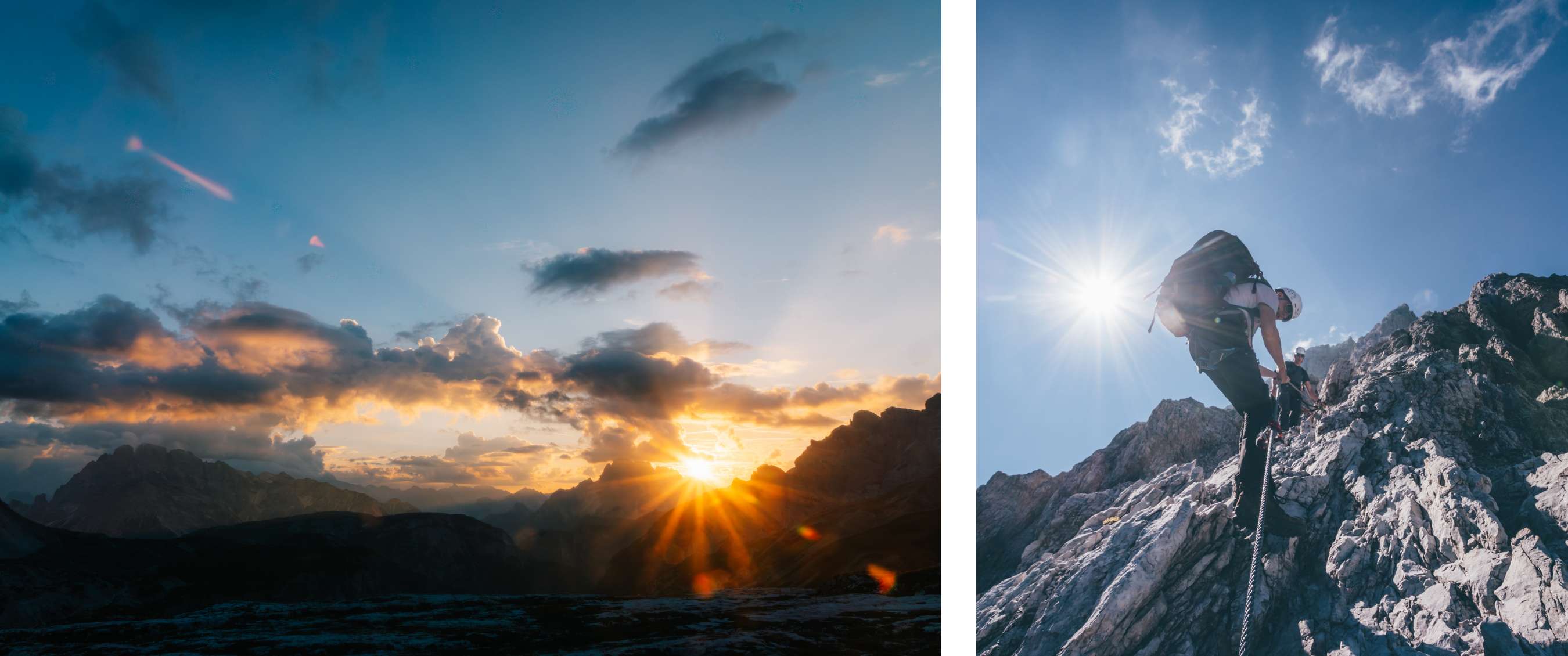 Twee beelden: avondlucht met zon achter bergsilhouetten; twee personen klimmen over rotsen in zonlicht