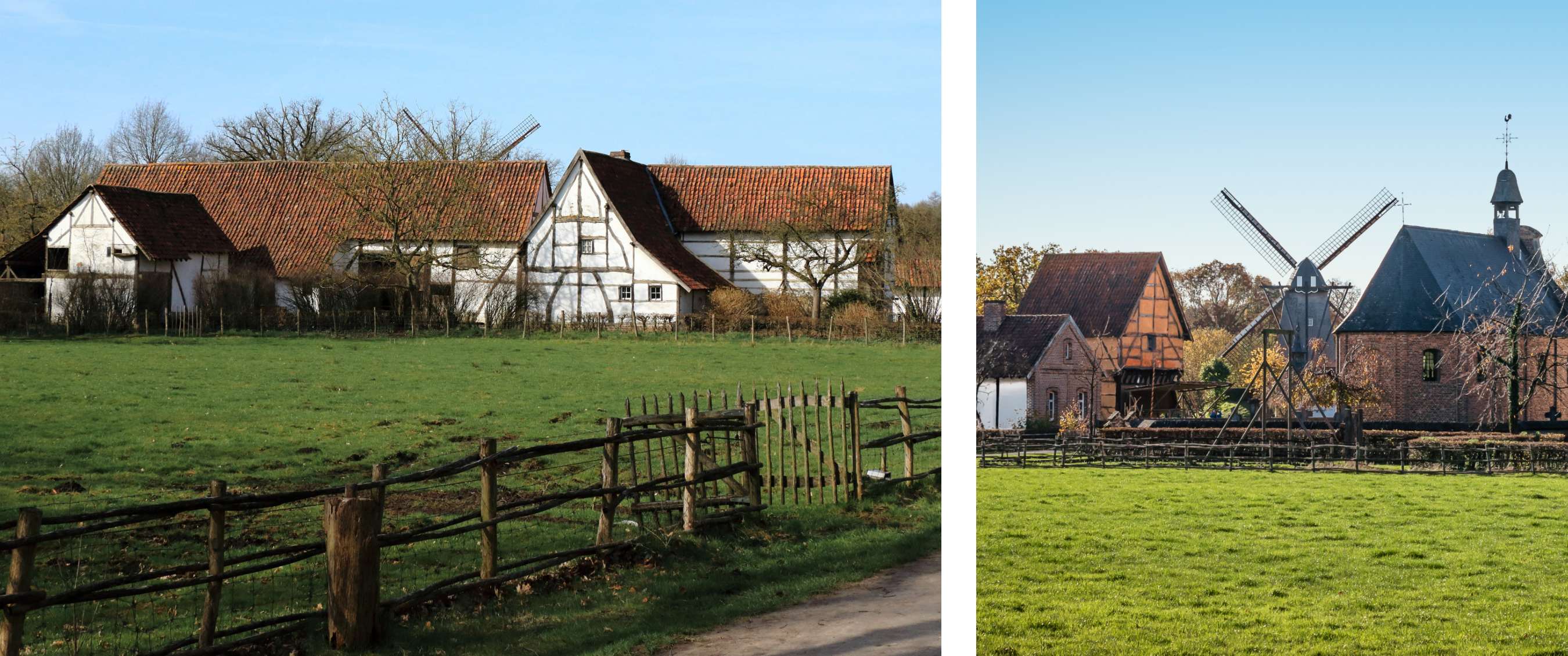 Deux images : ferme à colombages derrière une clôture en bois ; moulin et bâtiments au bord d’un pré vert